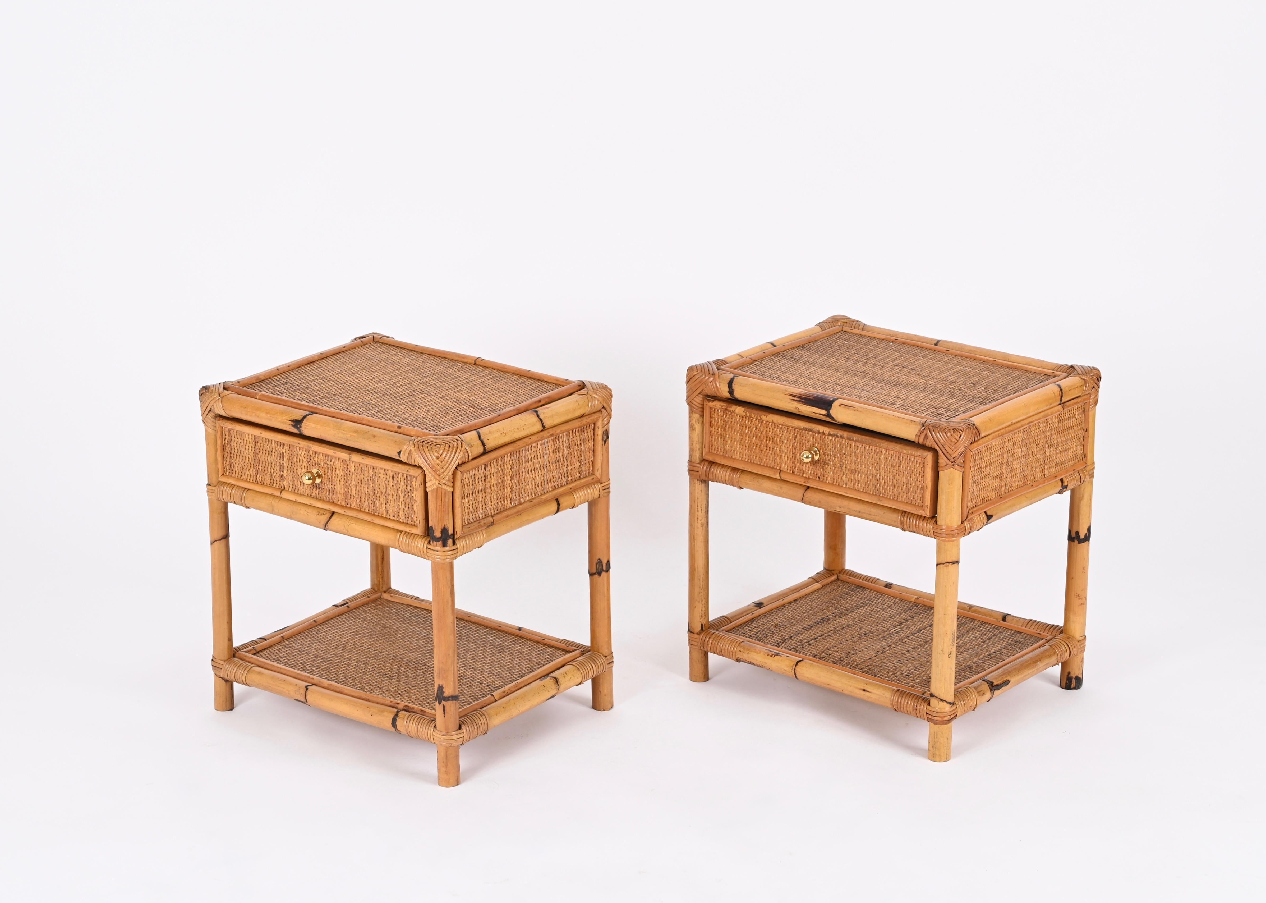 Pair of French Riviera Nightstands in Bamboo, Rattan and Brass, Italy 1970s 5