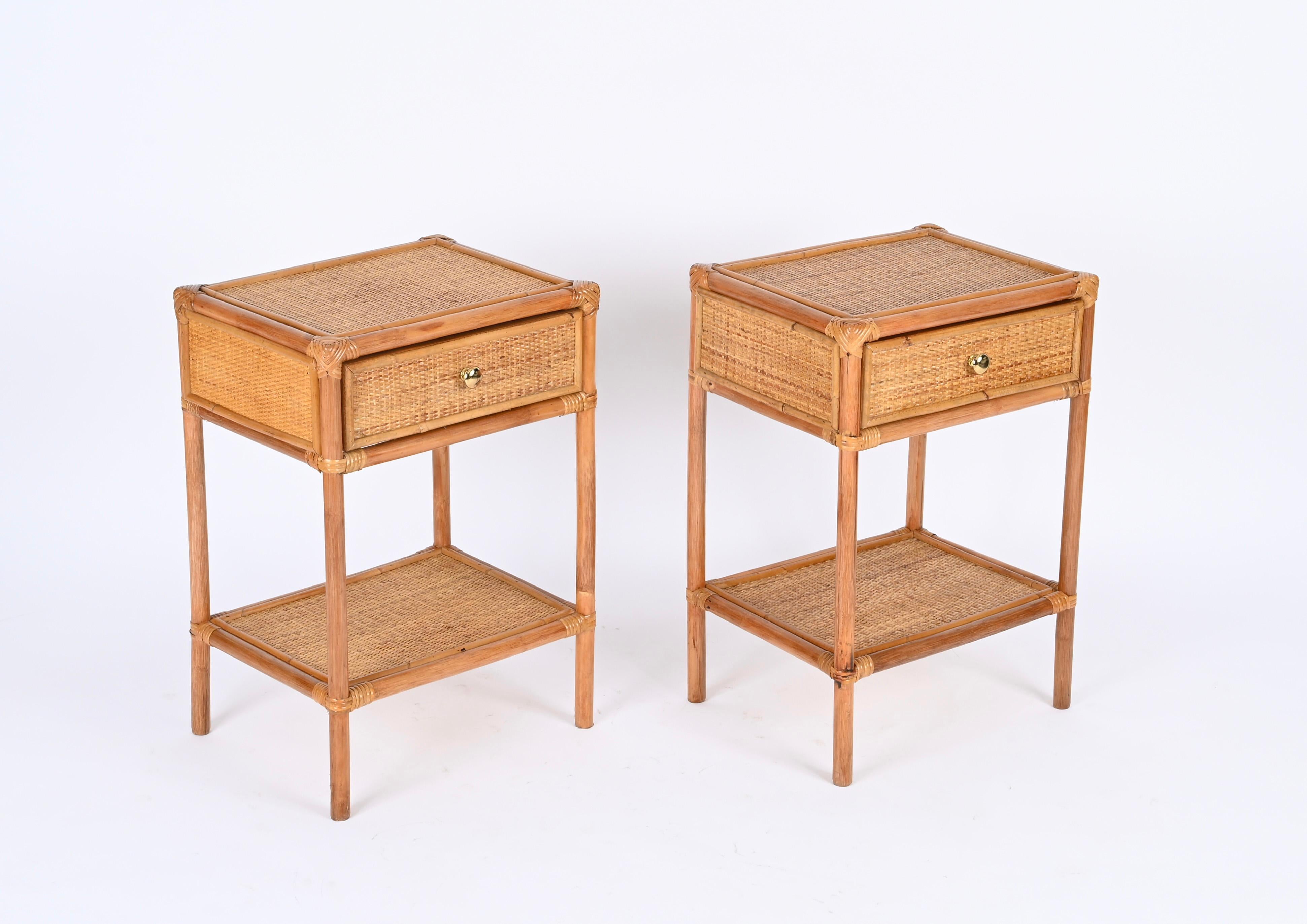 Pair of French Riviera Nightstands in Bamboo, Rattan and Brass, Italy 1970s 5