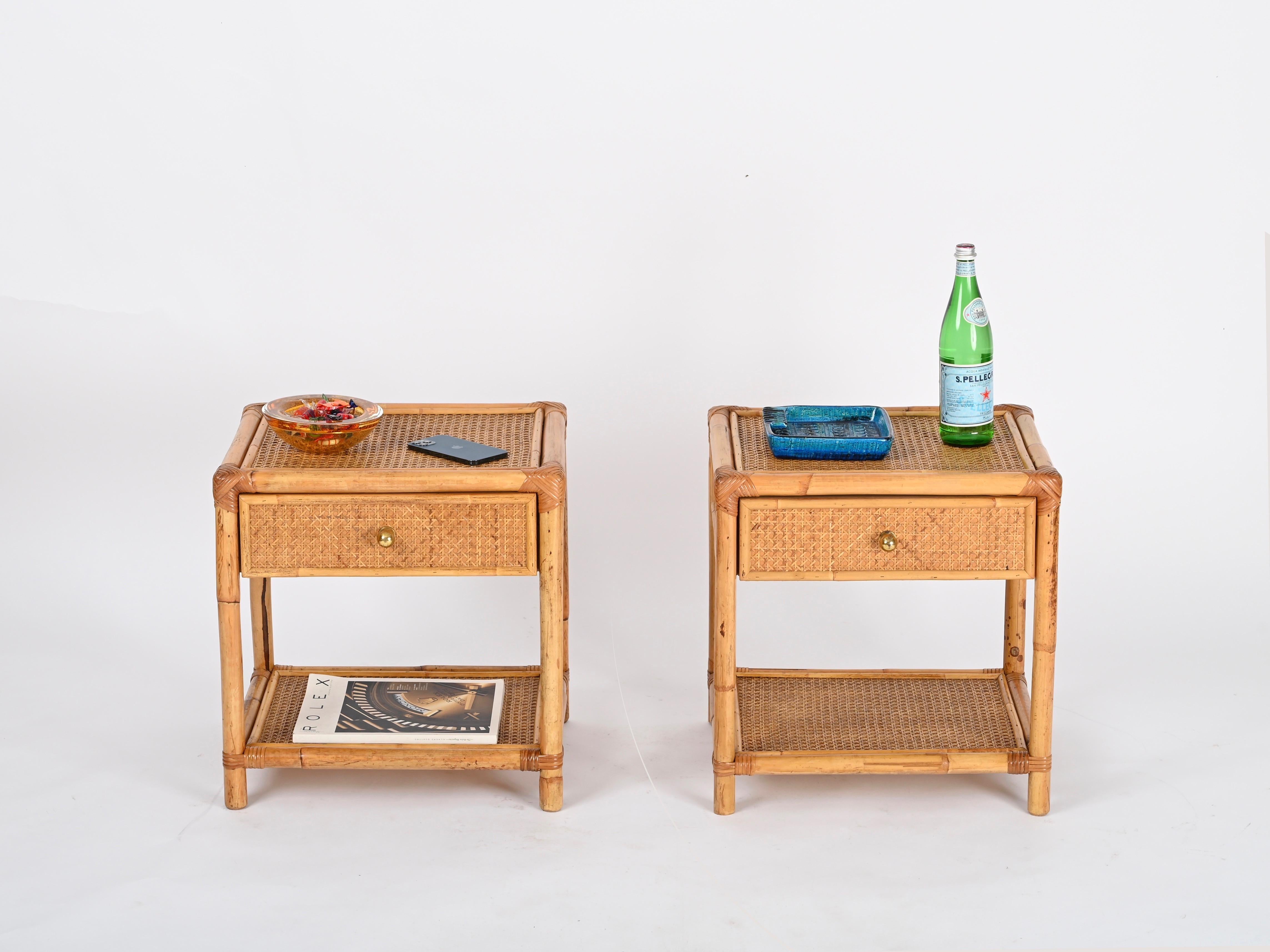 Pair of French Riviera Nightstands in Bamboo Rattan and Brass, Italy 1970s 5