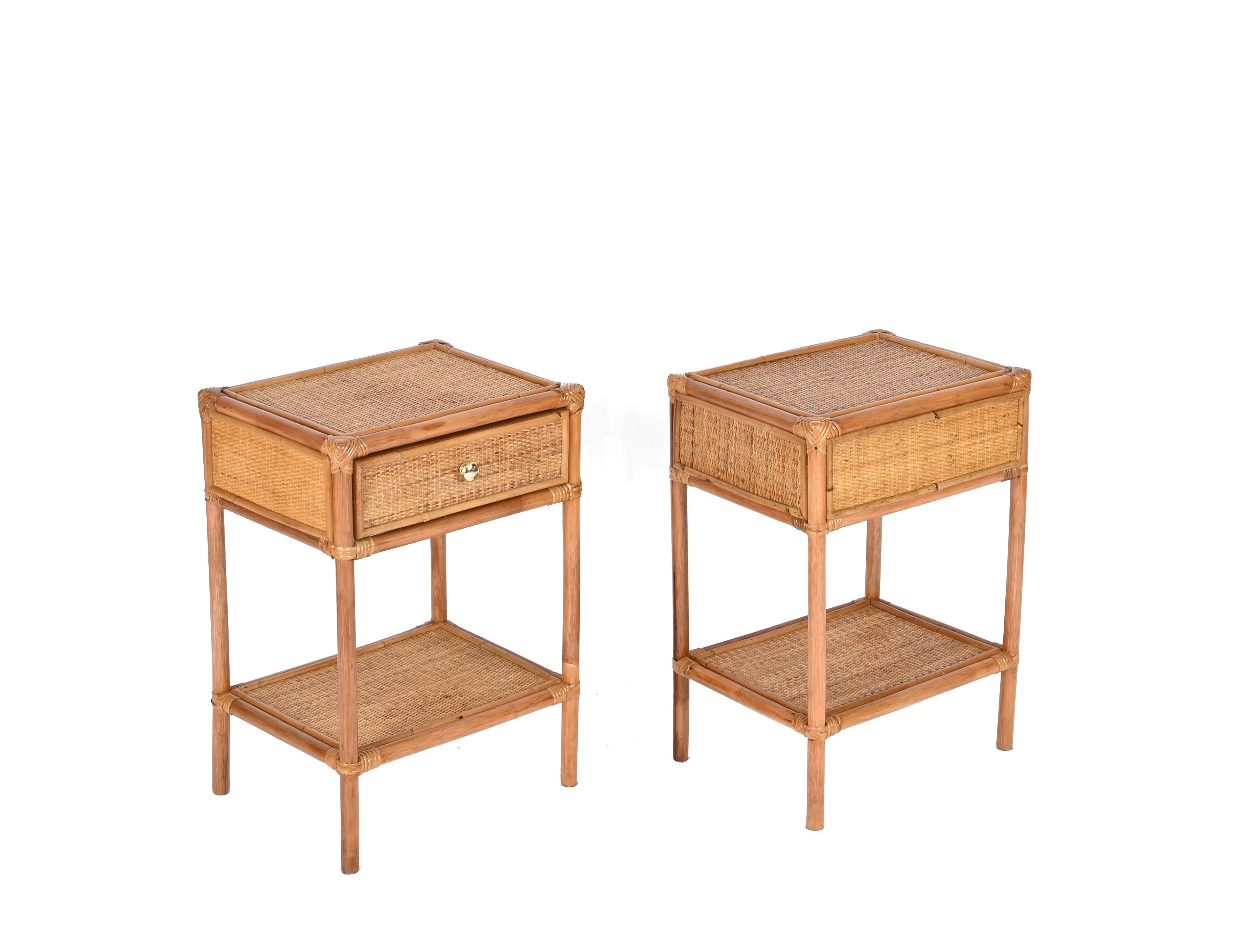 Pair of French Riviera Nightstands in Bamboo, Rattan and Brass, Italy 1970s 6