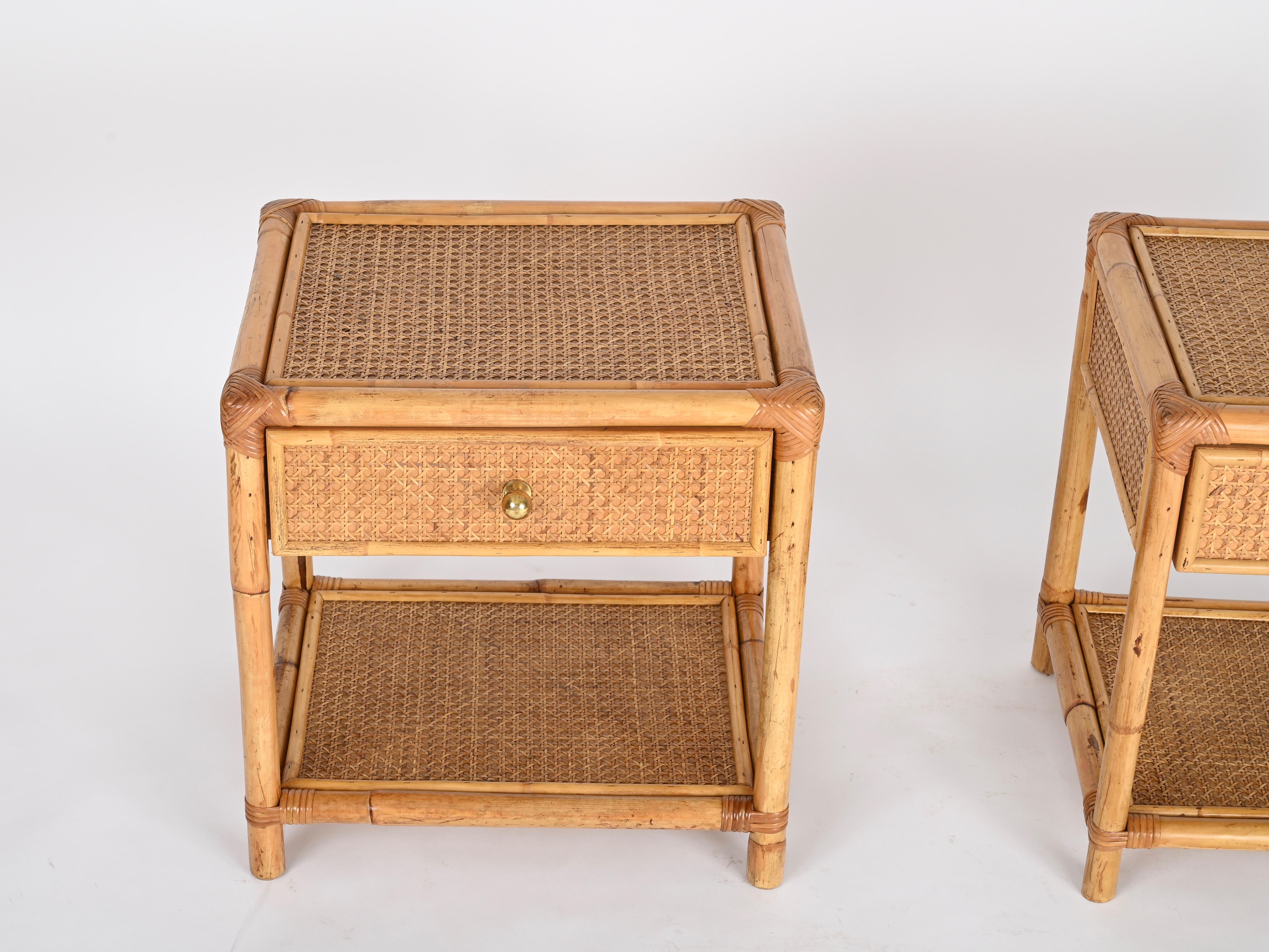 Pair of French Riviera Nightstands in Bamboo Rattan and Brass, Italy 1970s 6