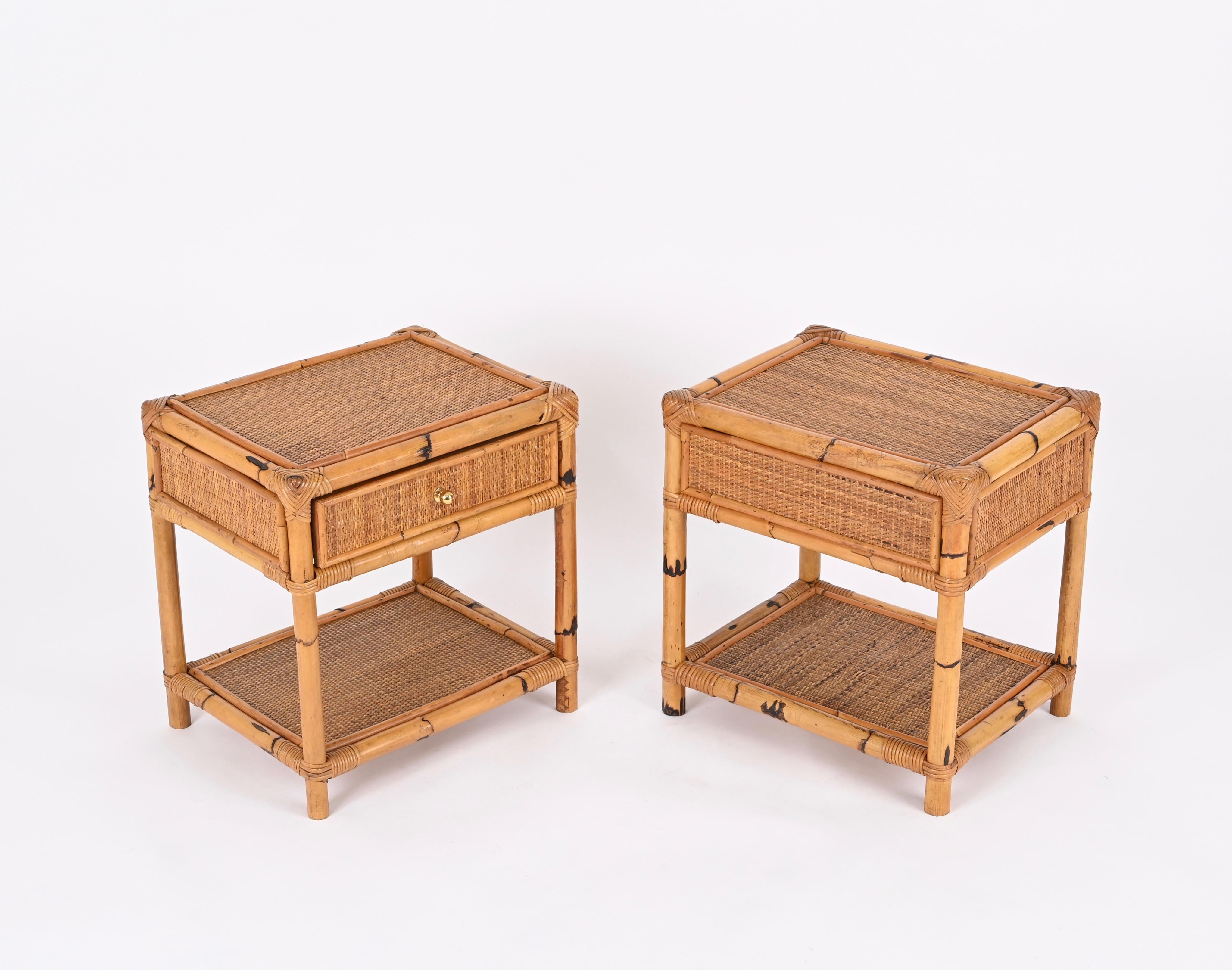 Pair of French Riviera Nightstands in Bamboo, Rattan and Brass, Italy 1970s 7