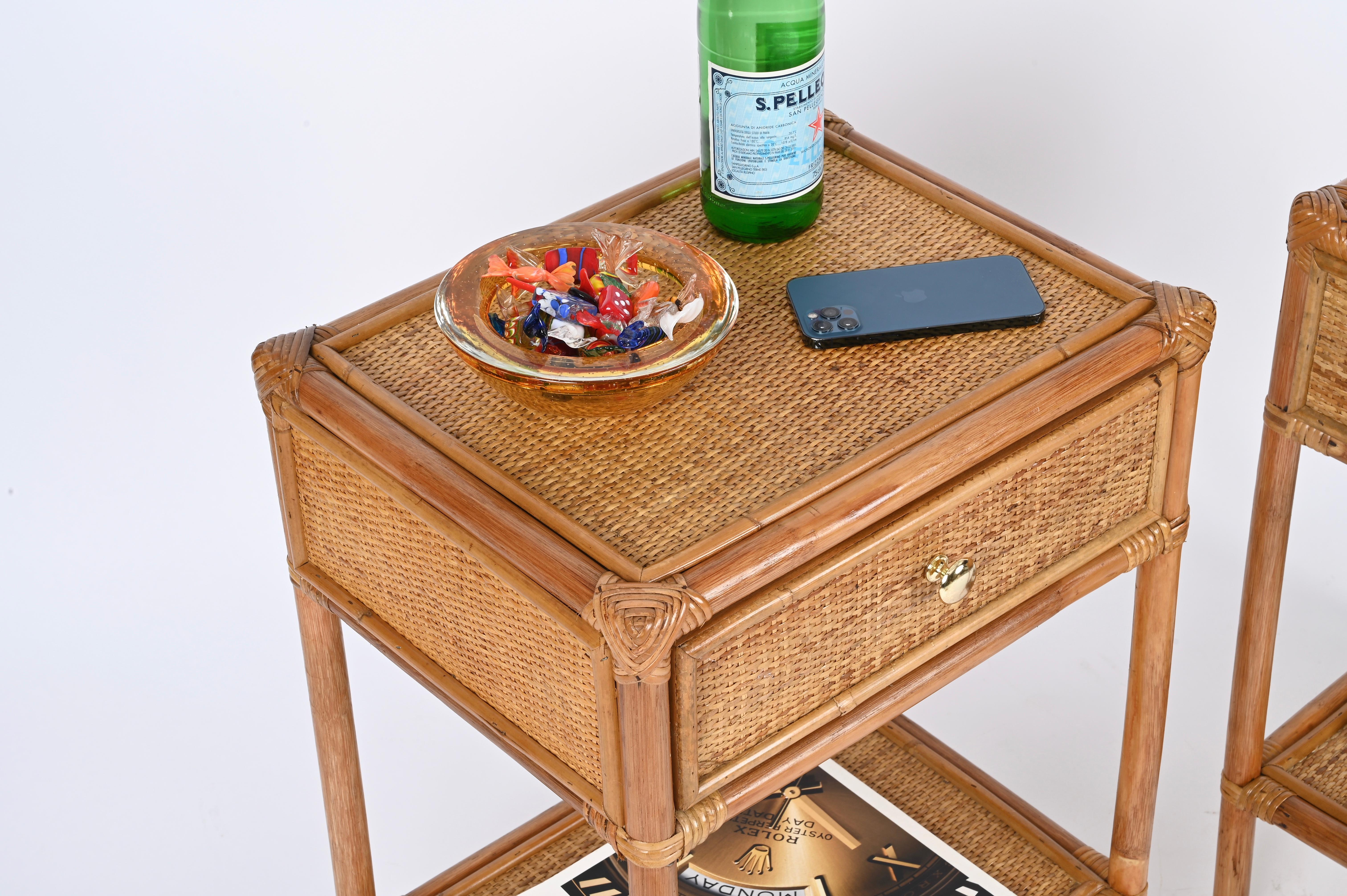 Pair of French Riviera Nightstands in Bamboo, Rattan and Brass, Italy 1970s 7