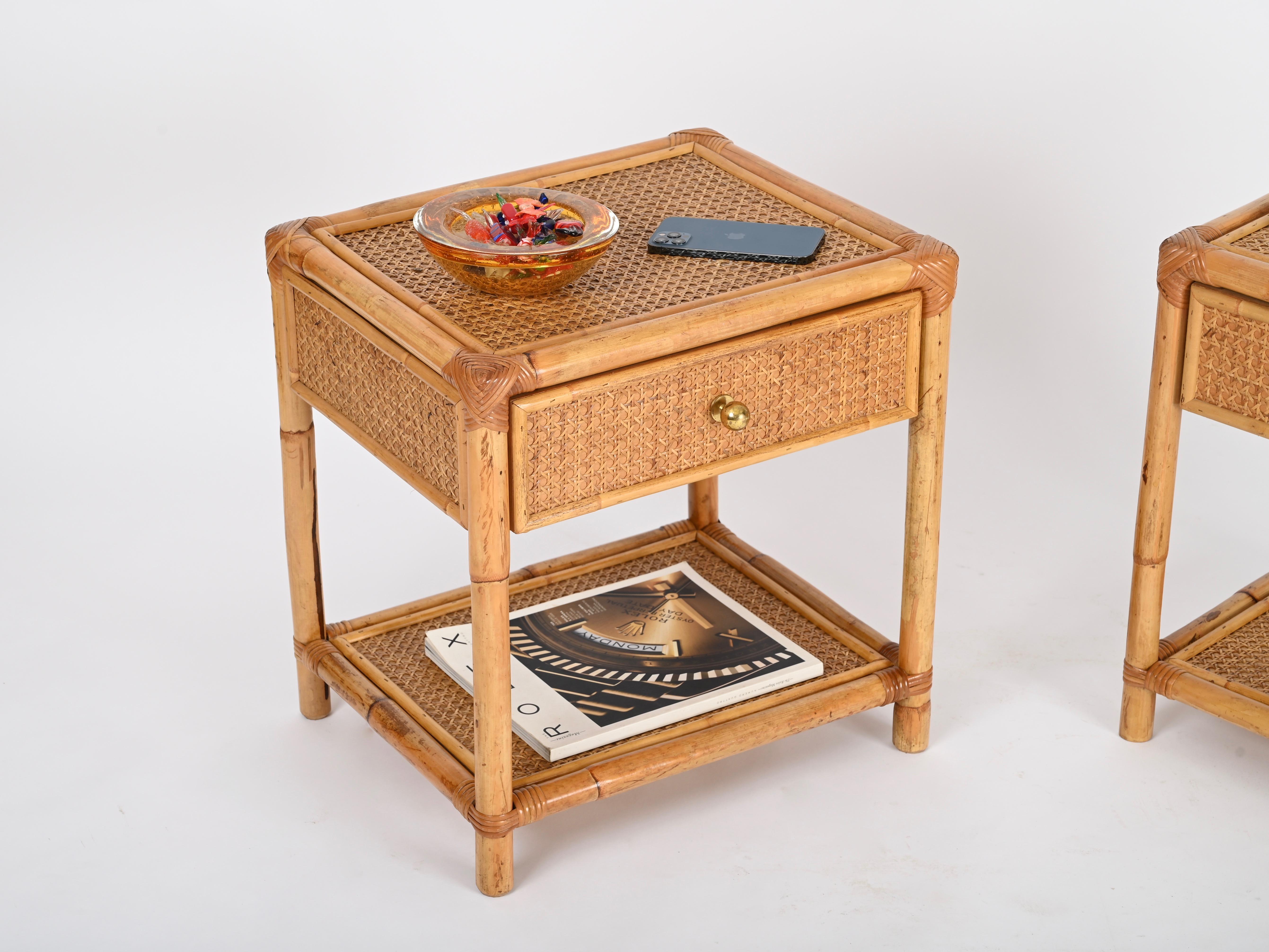 Pair of French Riviera Nightstands in Bamboo Rattan and Brass, Italy 1970s 7