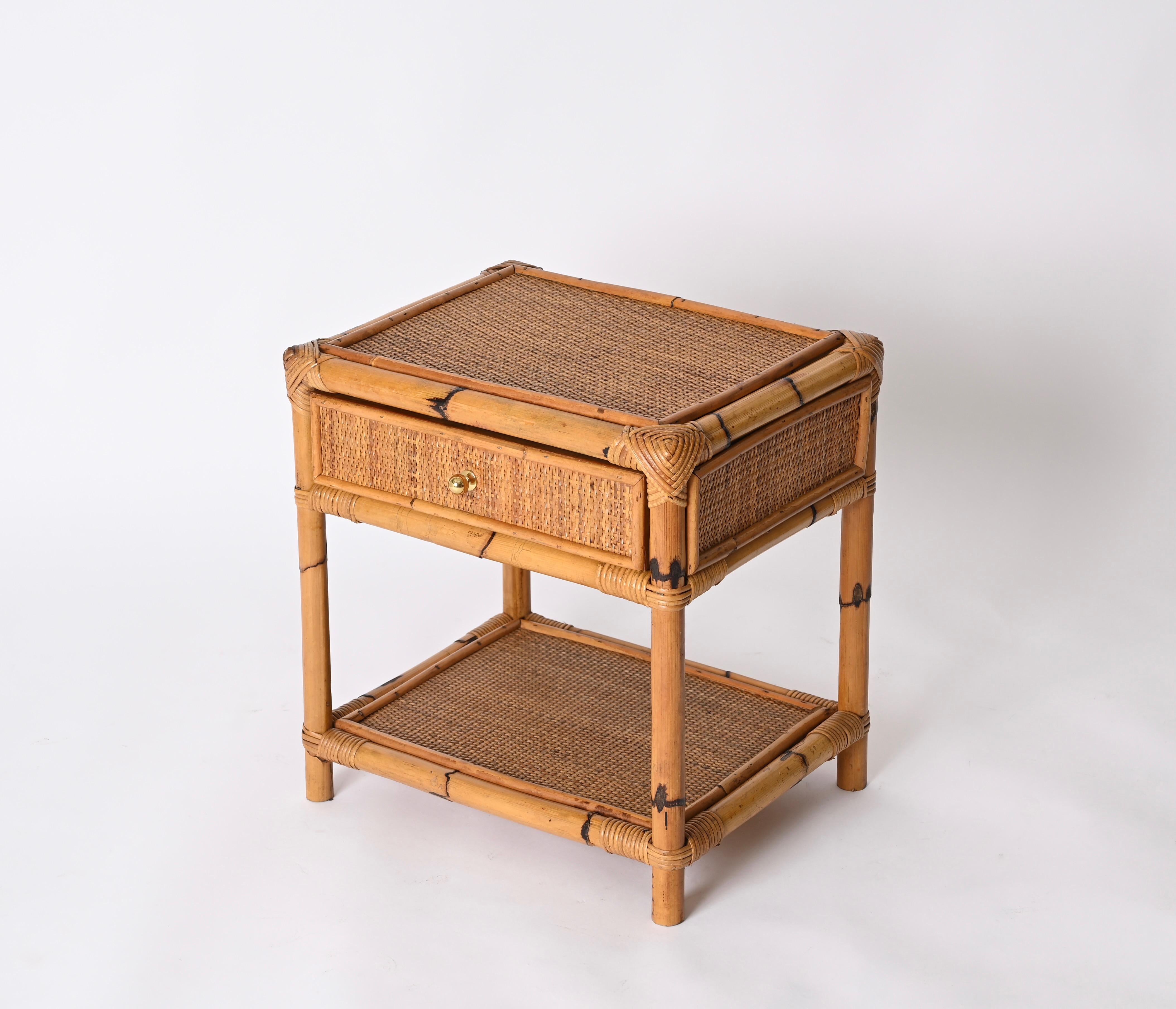 Pair of French Riviera Nightstands in Bamboo, Rattan and Brass, Italy 1970s 8