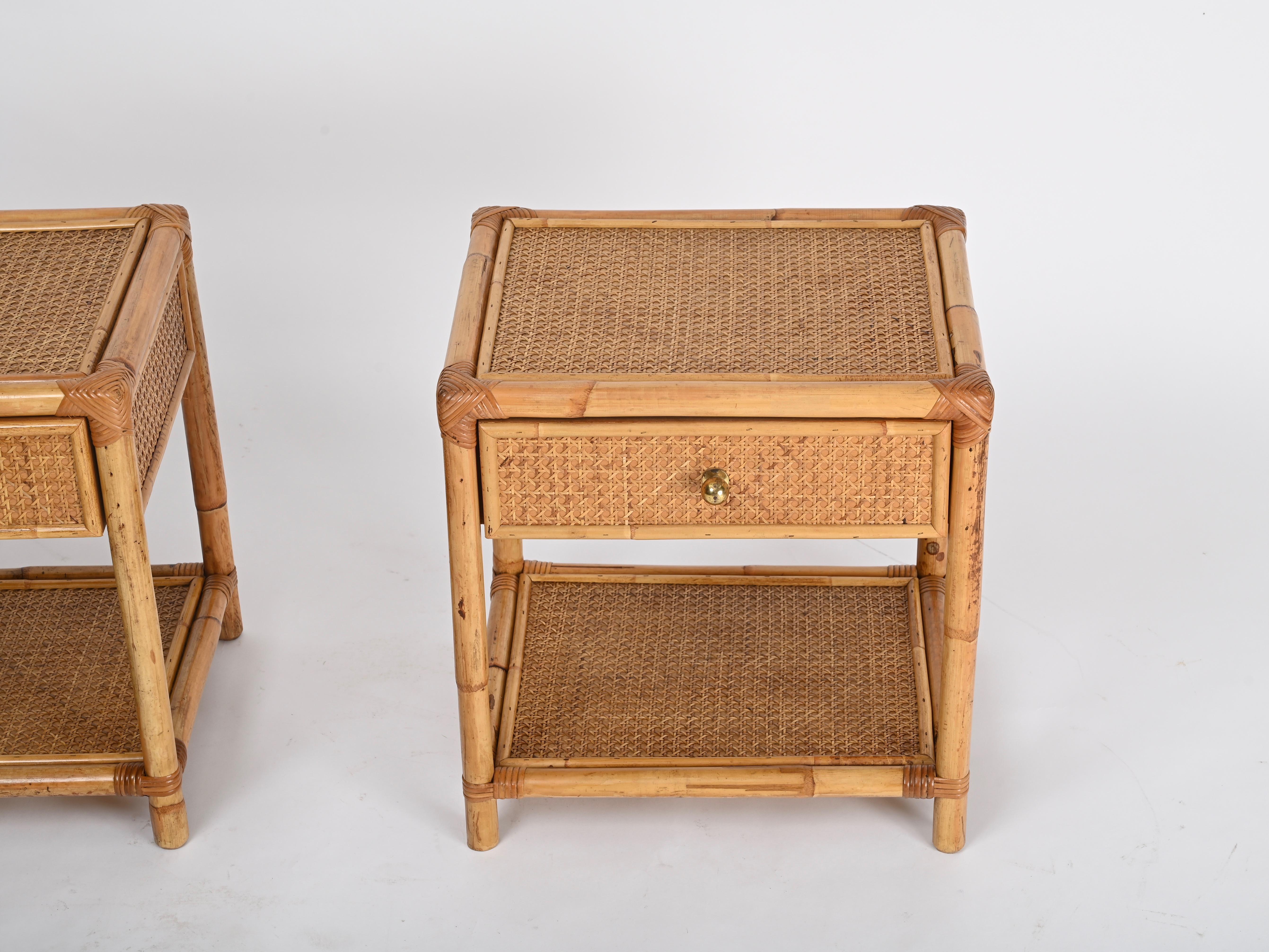 Pair of French Riviera Nightstands in Bamboo Rattan and Brass, Italy 1970s 8
