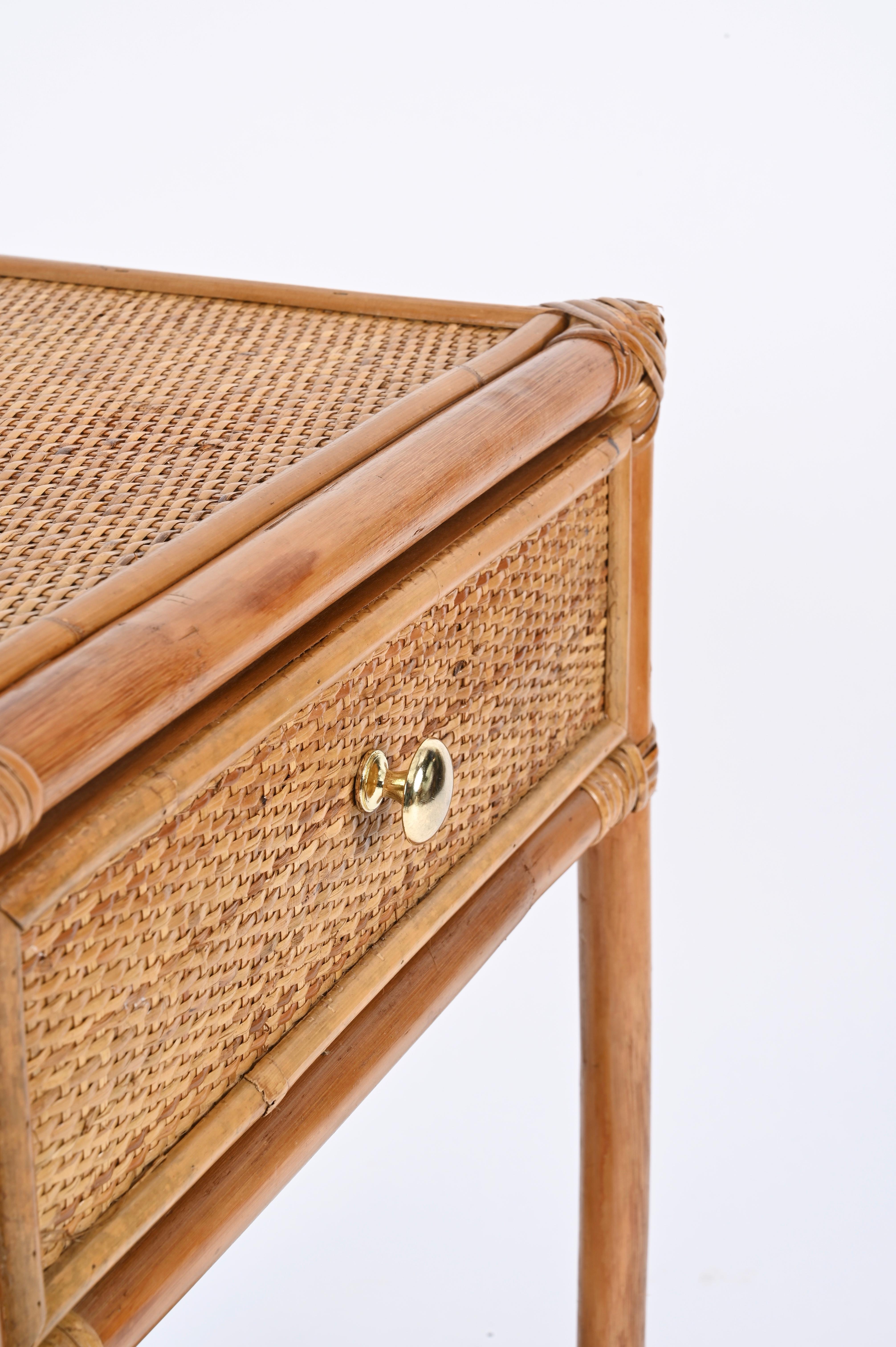 Pair of French Riviera Nightstands in Bamboo, Rattan and Brass, Italy 1970s 9