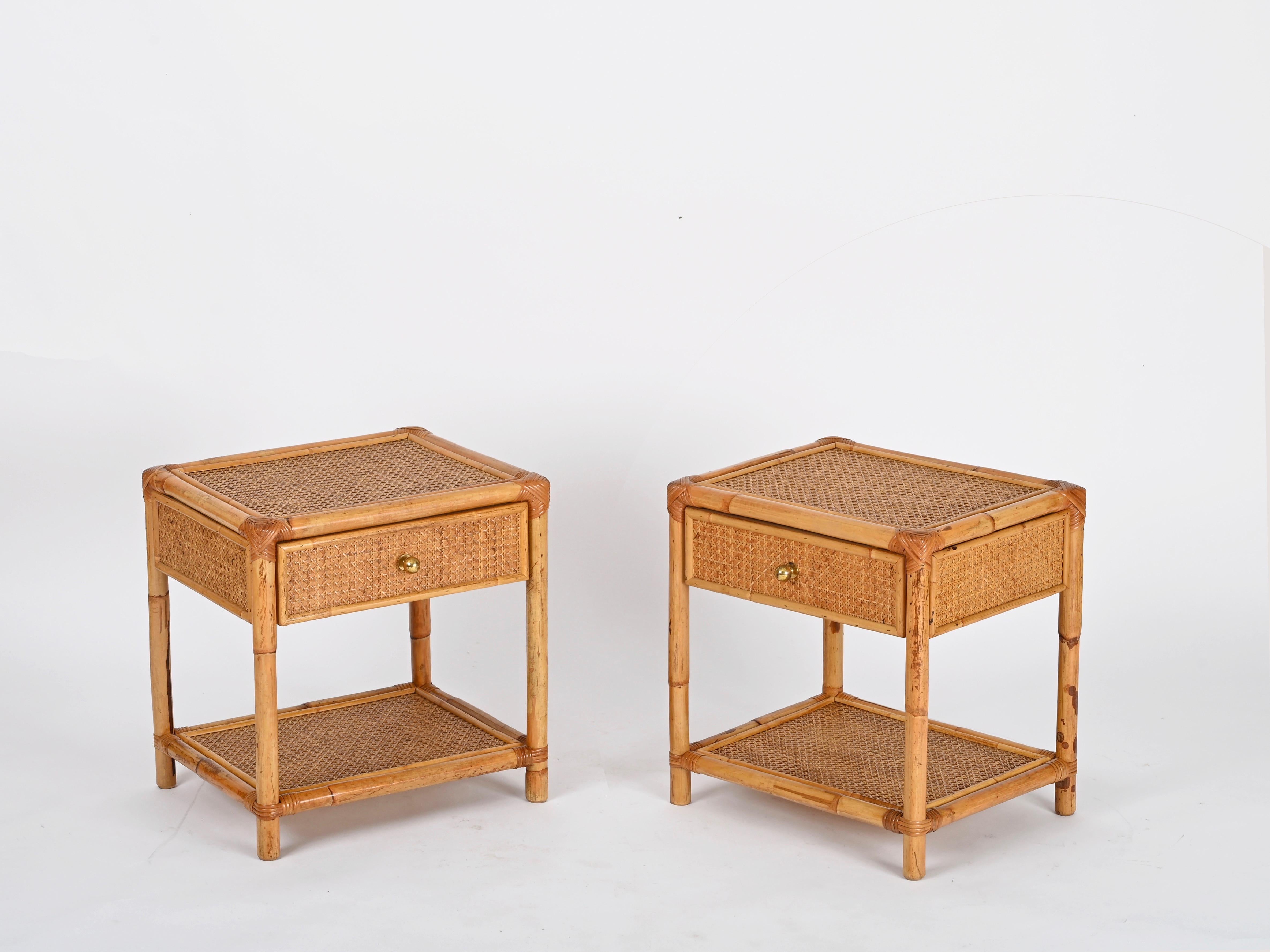 Pair of French Riviera Nightstands in Bamboo Rattan and Brass, Italy 1970s 9