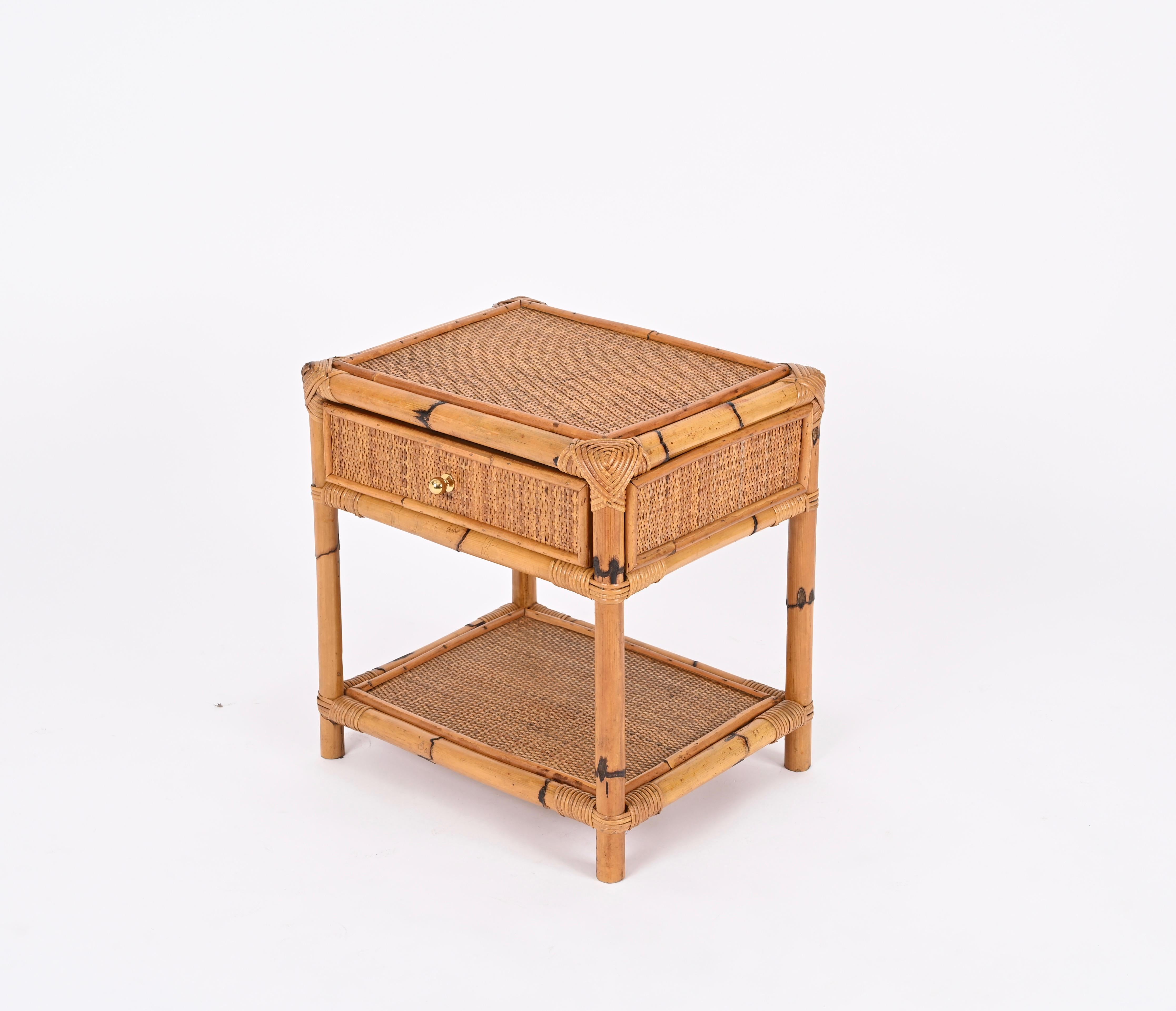 Pair of French Riviera Nightstands in Bamboo, Rattan and Brass, Italy 1970s 10