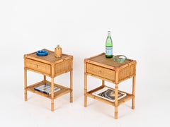 Pair of French Riviera Nightstands in Bamboo, Rattan and Brass, Italy, 1970s