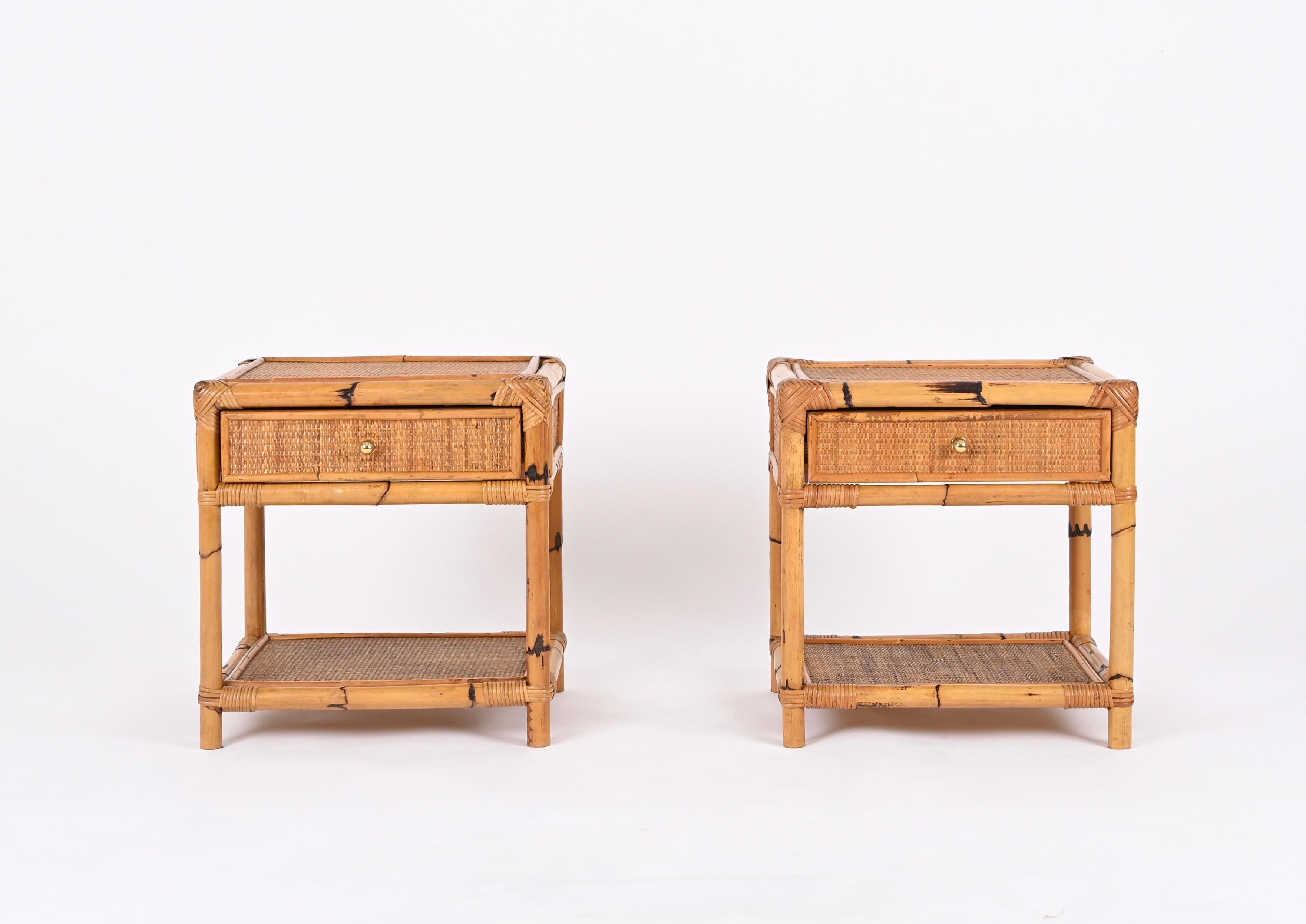 Mid-Century Modern Pair of French Riviera Nightstands in Bamboo, Rattan and Brass, Italy 1970s