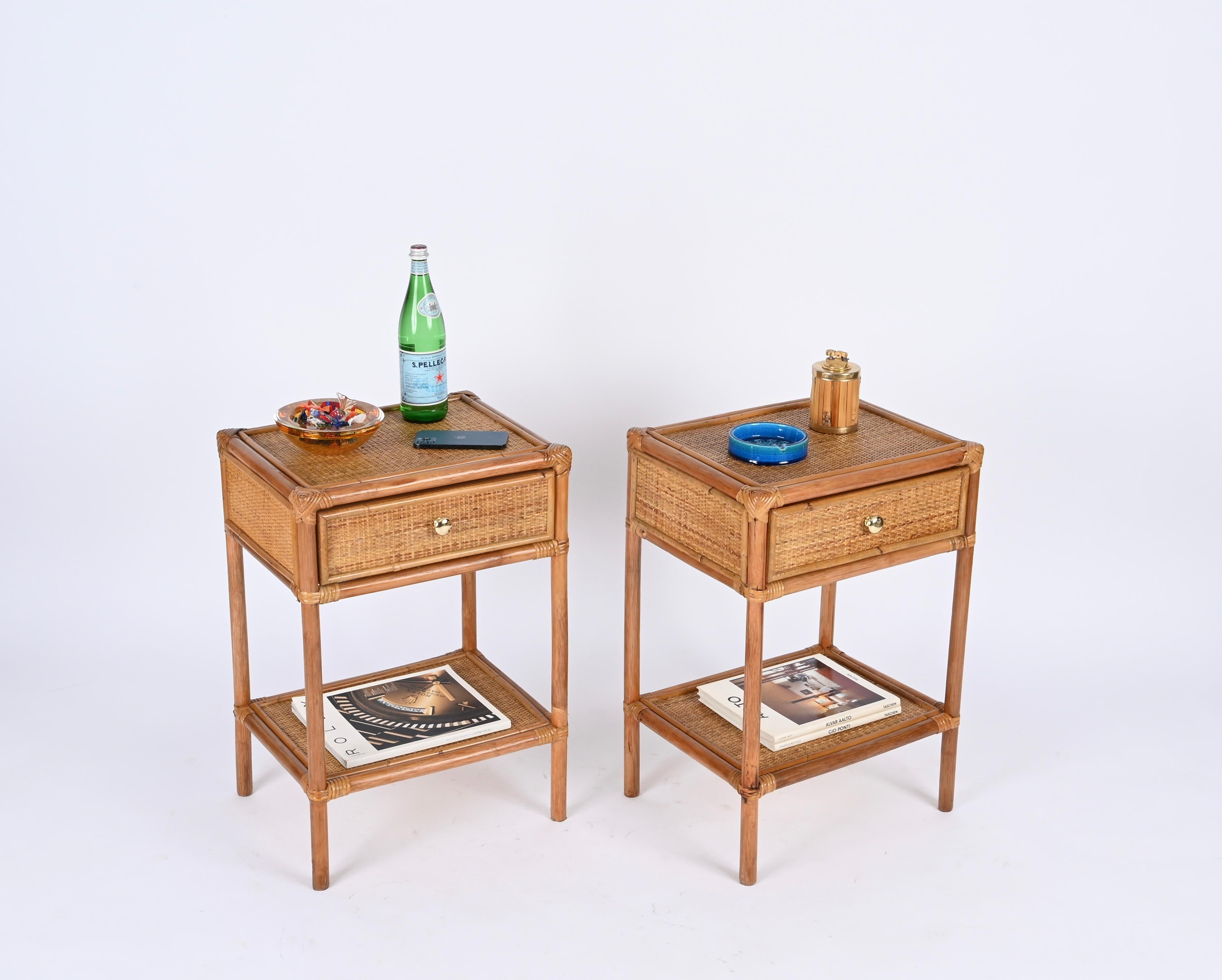 Mid-Century Modern Pair of French Riviera Nightstands in Bamboo, Rattan and Brass, Italy 1970s