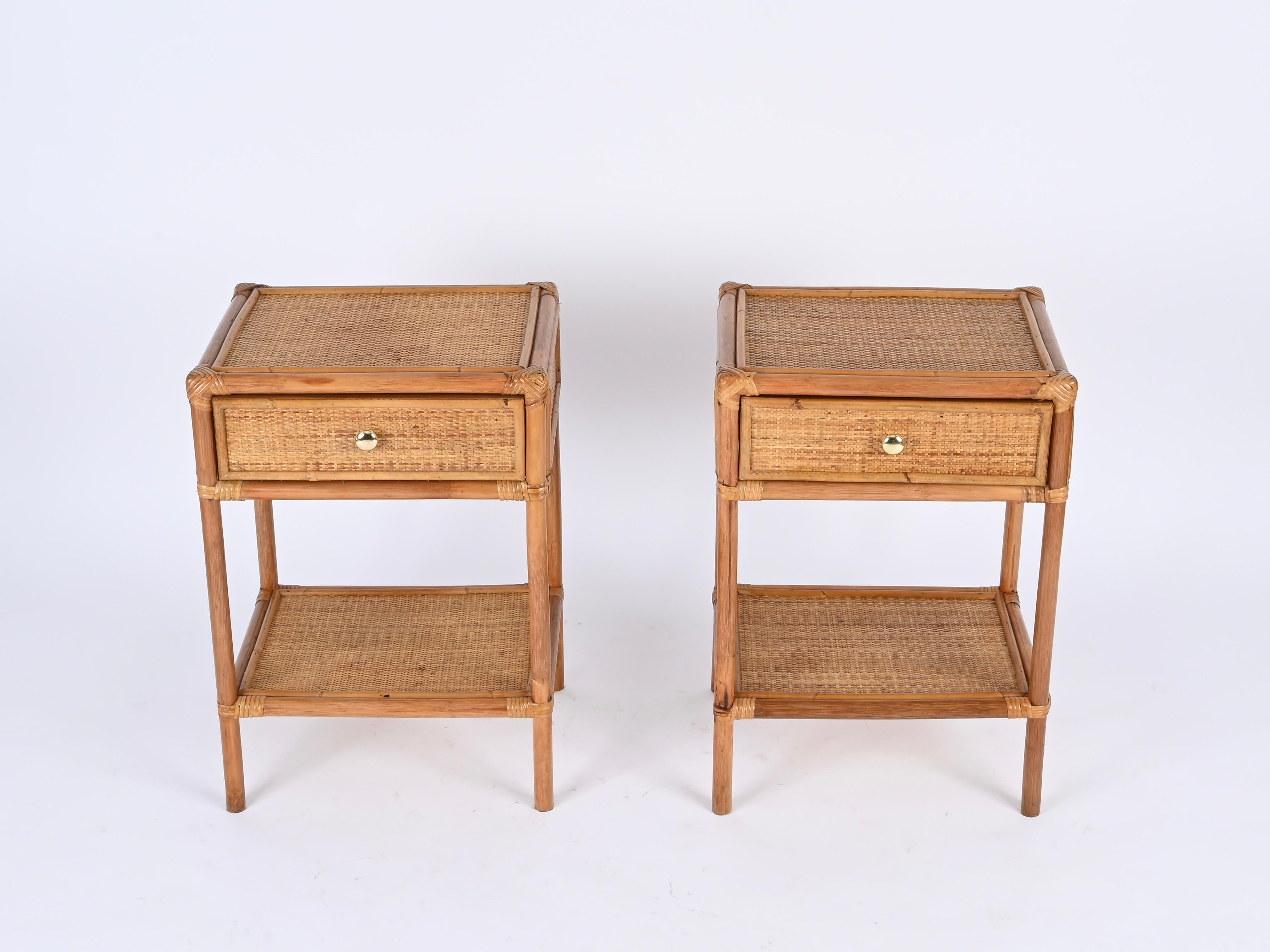 Italian Pair of French Riviera Nightstands in Bamboo, Rattan and Brass, Italy 1970s