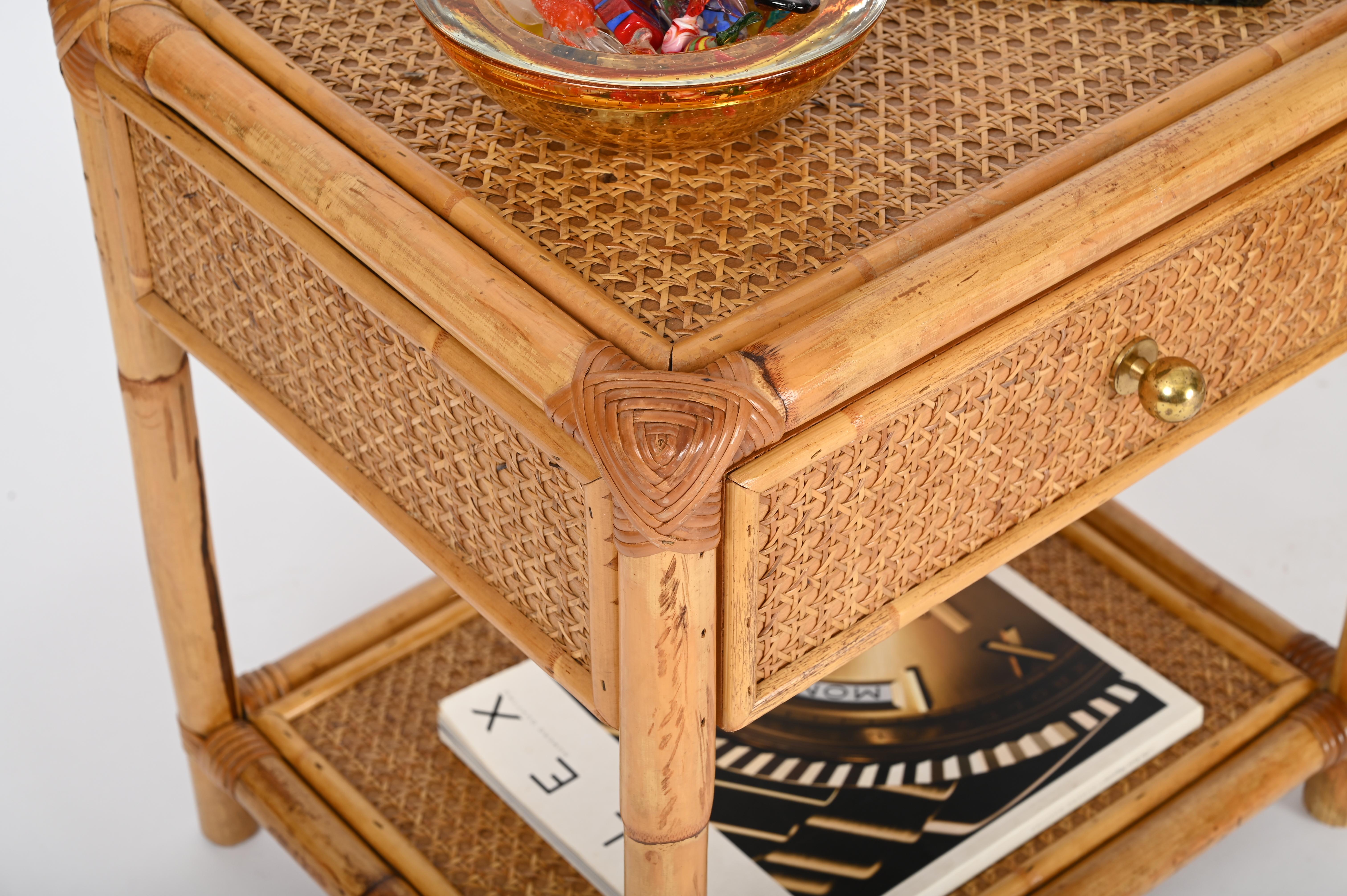 Italian Pair of French Riviera Nightstands in Bamboo Rattan and Brass, Italy 1970s