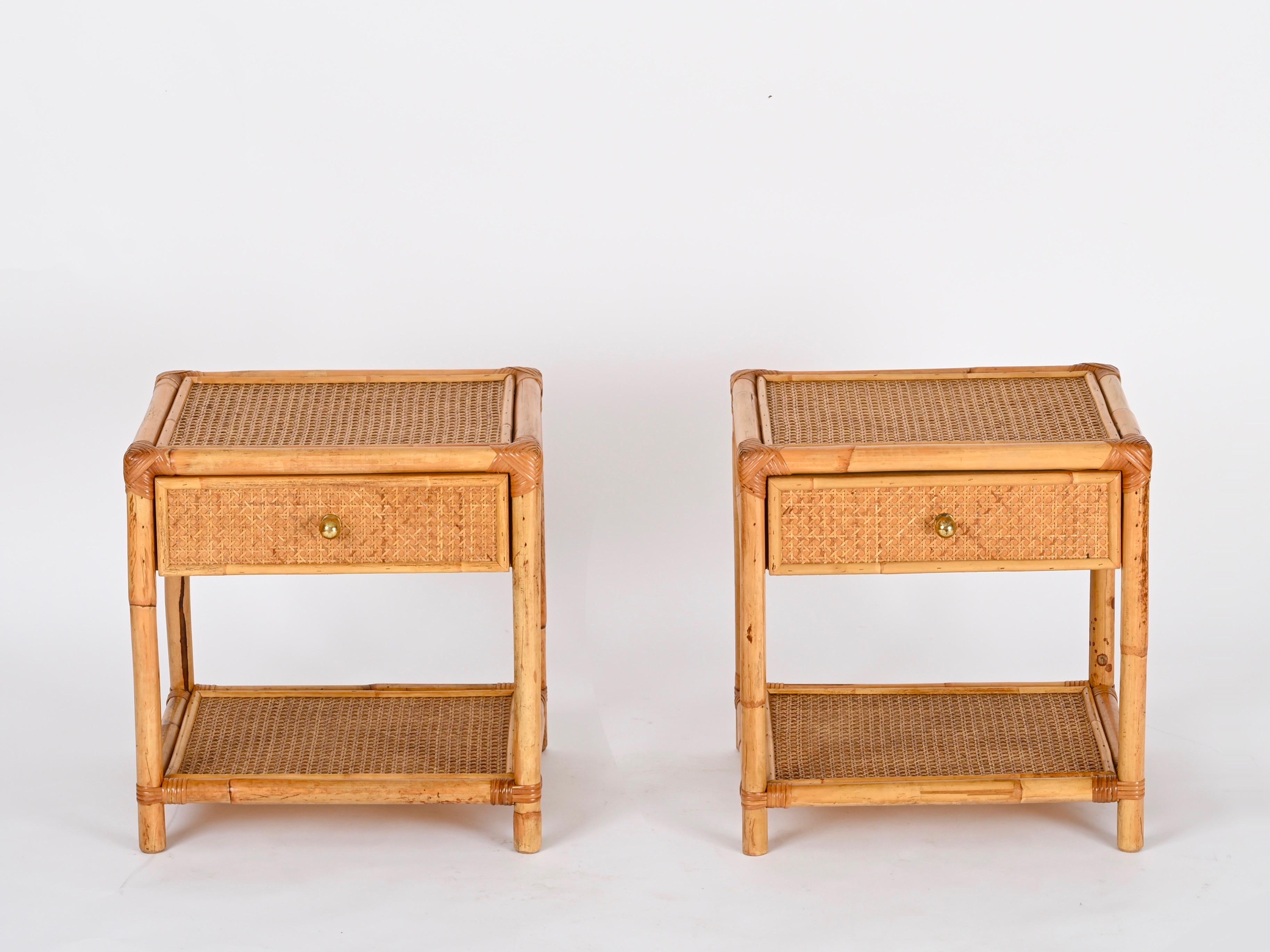 Hand-Crafted Pair of French Riviera Nightstands in Bamboo Rattan and Brass, Italy 1970s