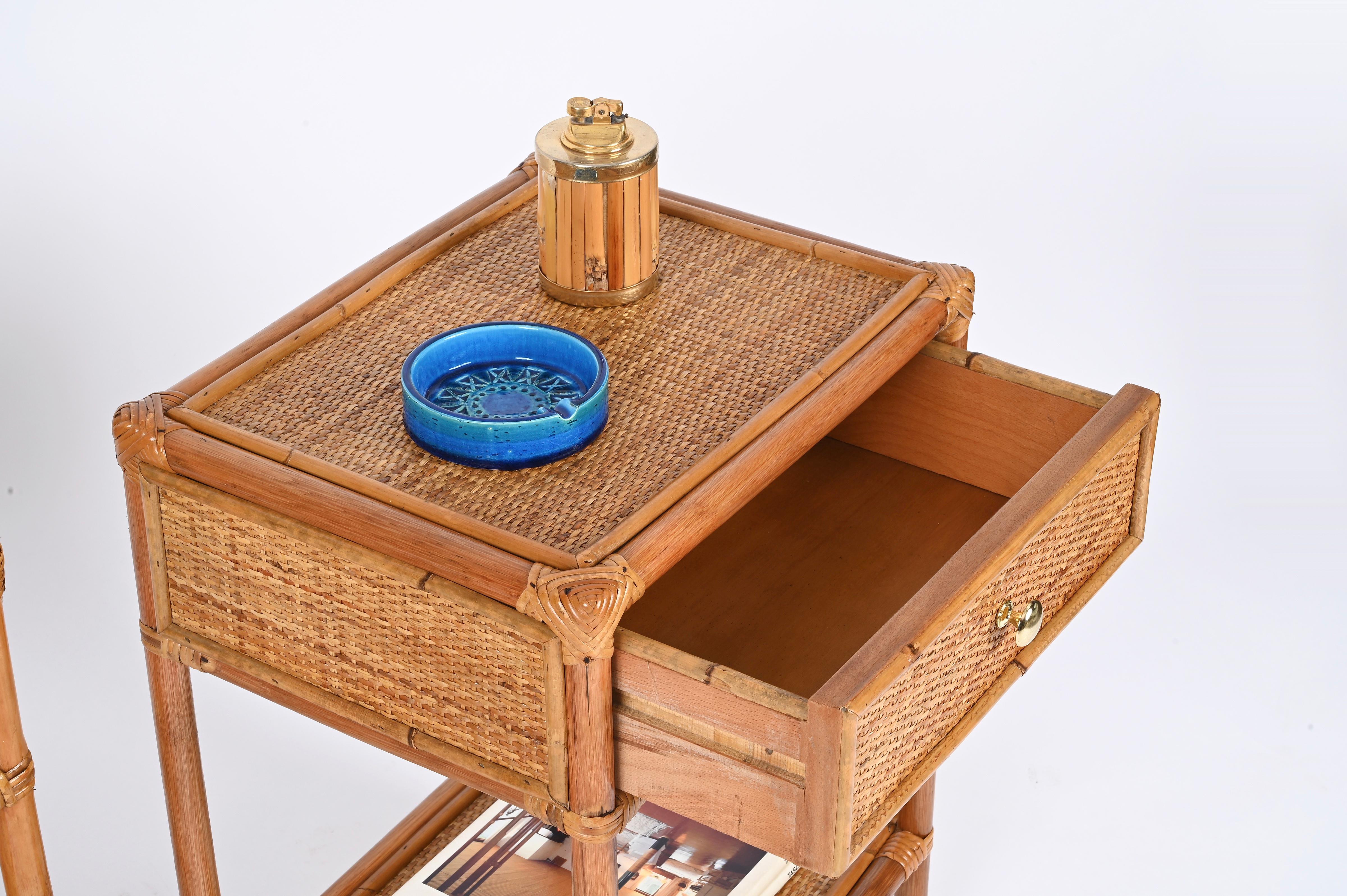 20th Century Pair of French Riviera Nightstands in Bamboo, Rattan and Brass, Italy 1970s