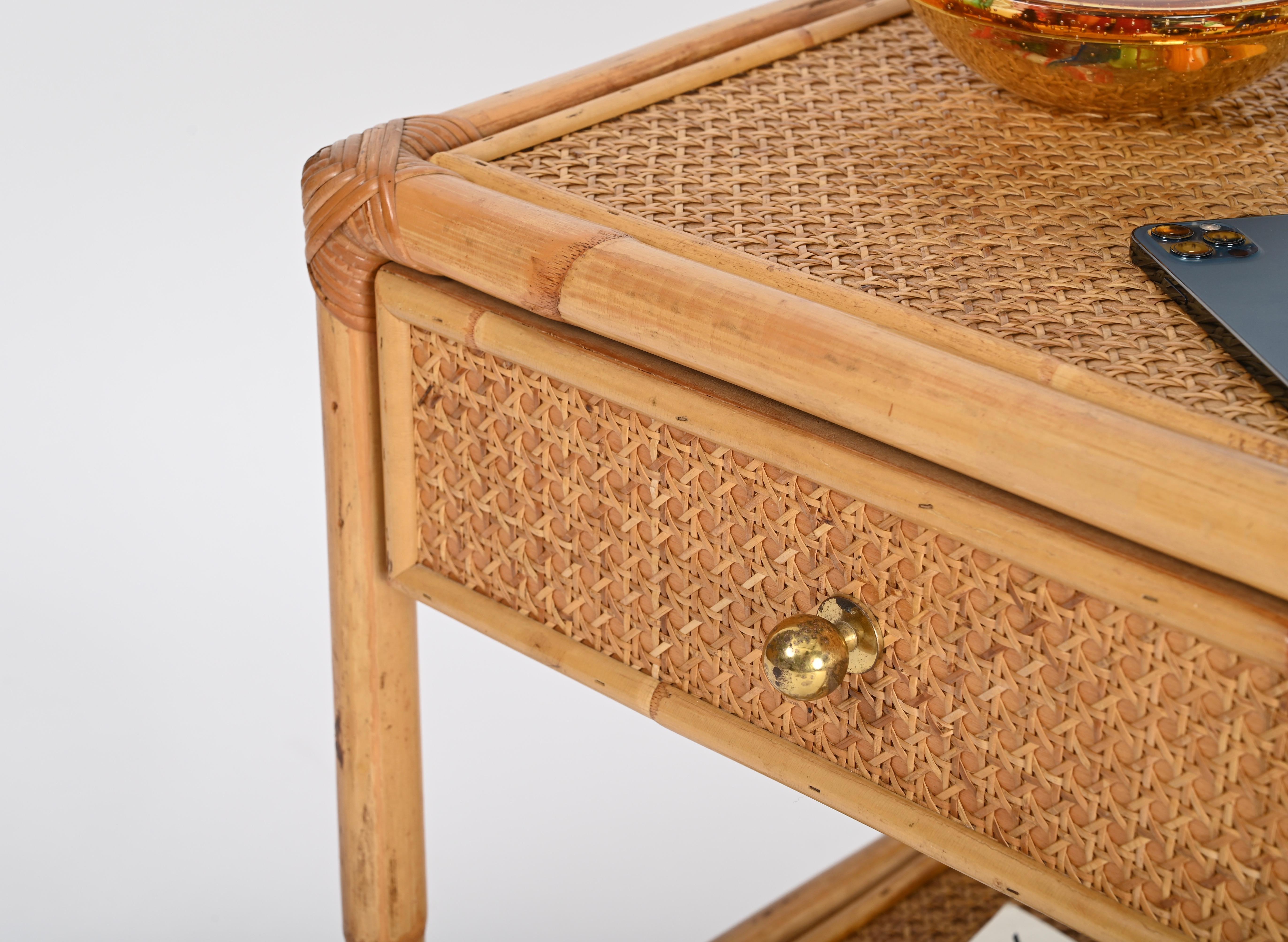 20th Century Pair of French Riviera Nightstands in Bamboo Rattan and Brass, Italy 1970s