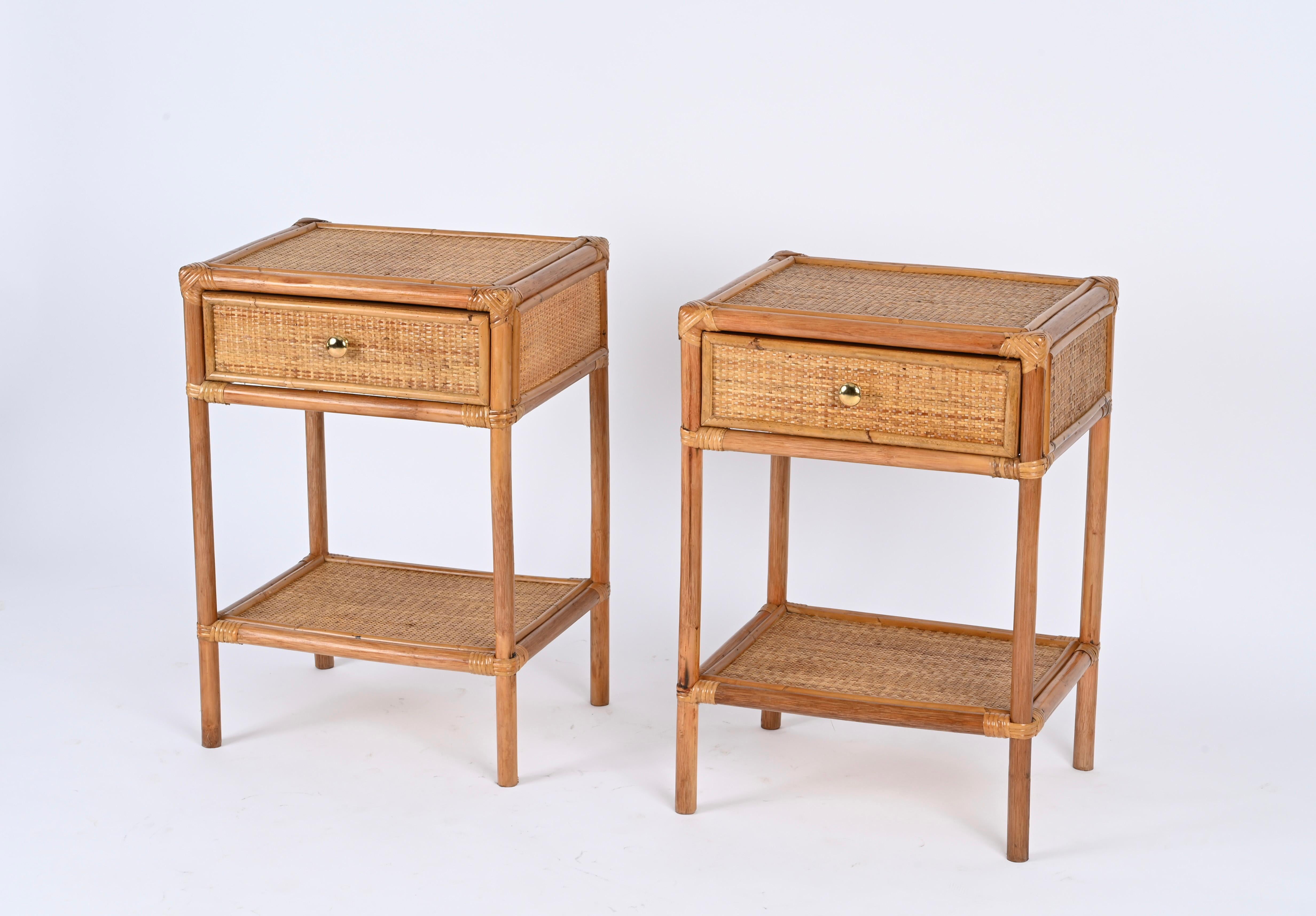 Pair of French Riviera Nightstands in Bamboo, Rattan and Brass, Italy 1970s 1