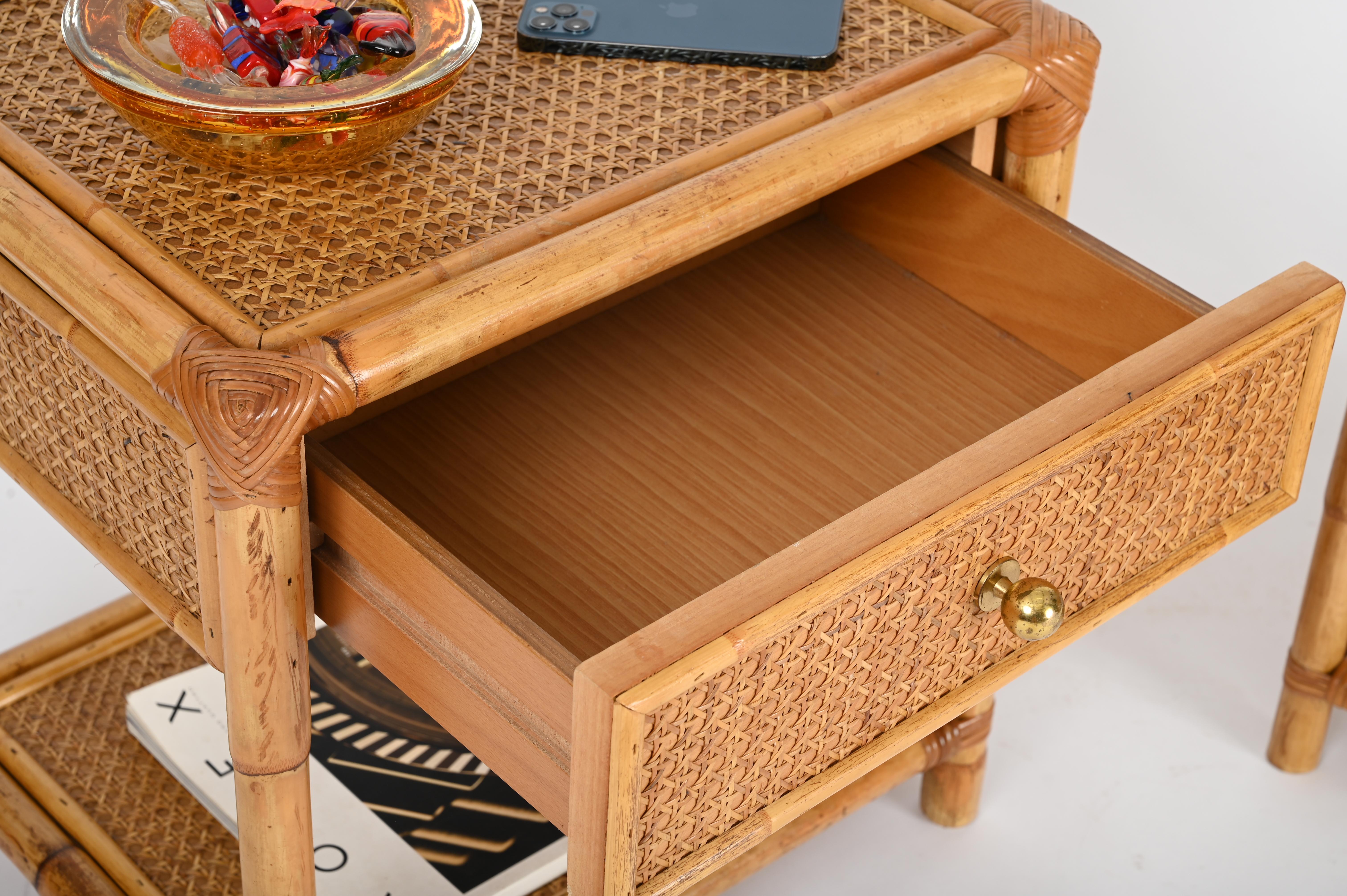 Pair of French Riviera Nightstands in Bamboo Rattan and Brass, Italy 1970s 1