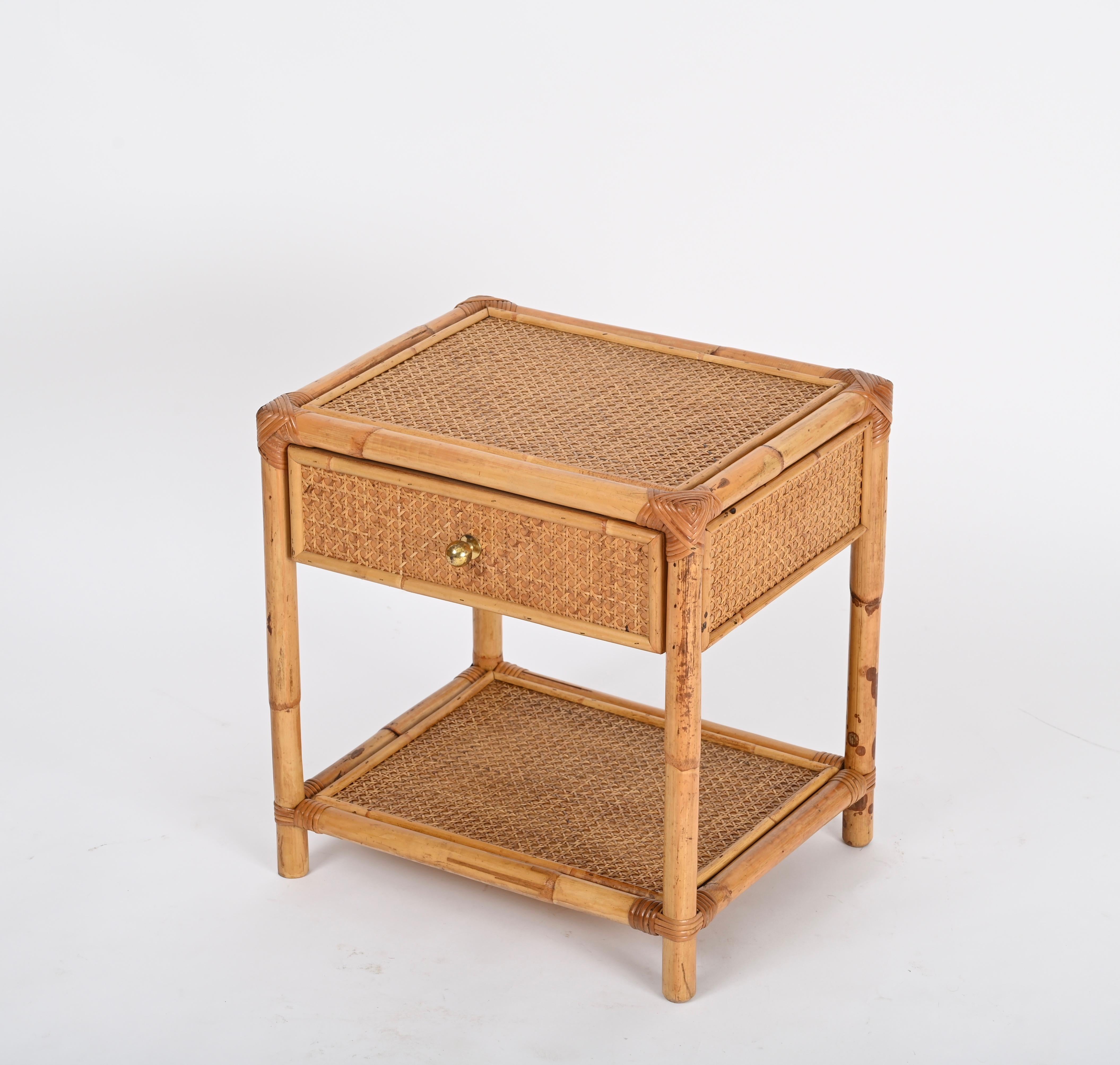 Pair of French Riviera Nightstands in Bamboo Rattan and Brass, Italy 1970s 2