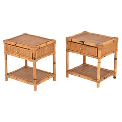 Pair of French Riviera Nightstands in Bamboo, Rattan and Brass, Italy 1970s