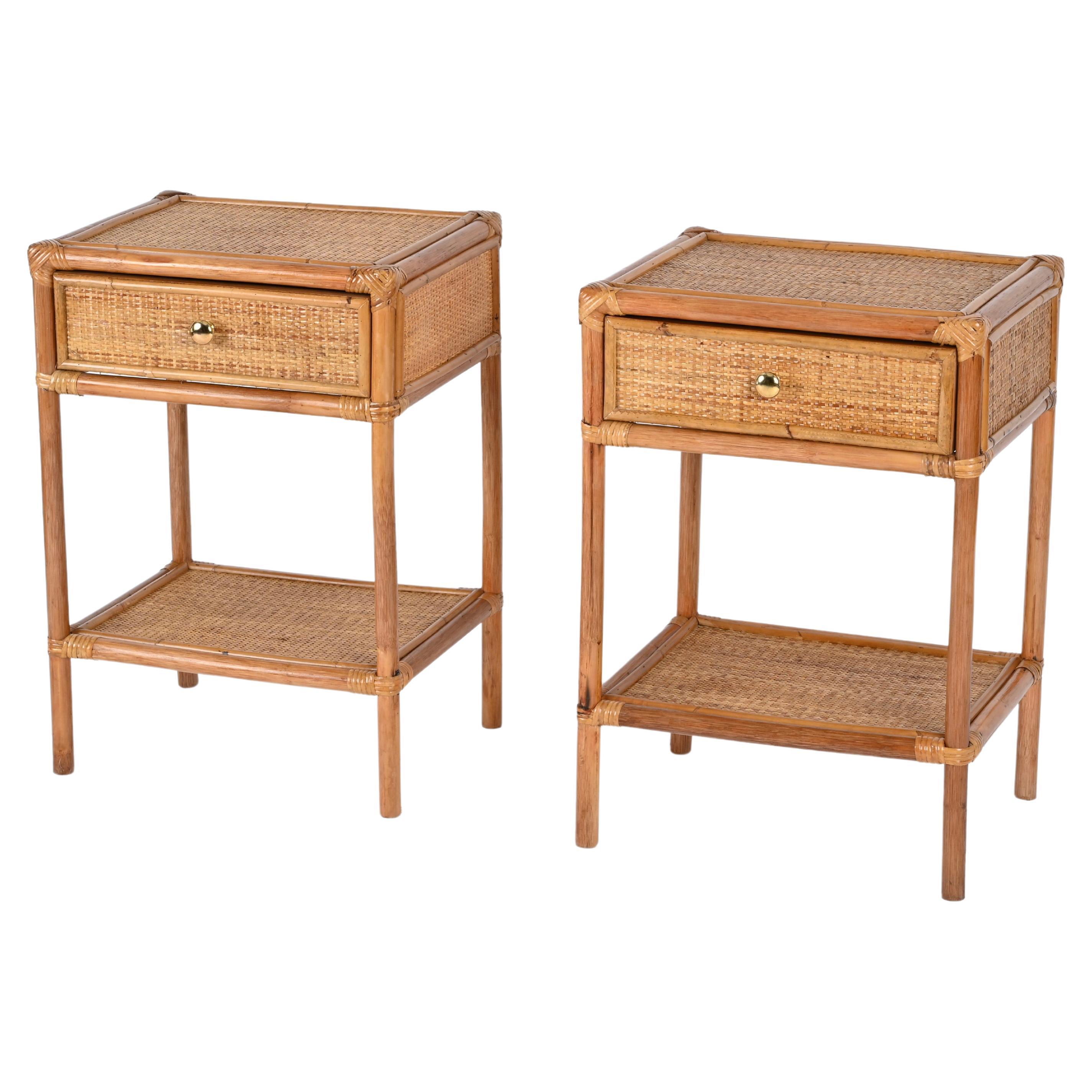 Pair of French Riviera Nightstands in Bamboo, Rattan and Brass, Italy 1970s