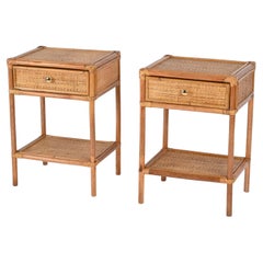 Retro Pair of French Riviera Nightstands in Bamboo, Rattan and Brass, Italy 1970s