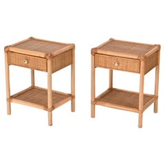 Vintage Pair of French Riviera Nightstands in Bamboo, Rattan and Brass, Italy 1970s