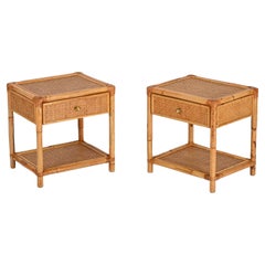Pair of French Riviera Nightstands in Bamboo Rattan and Brass, Italy 1970s