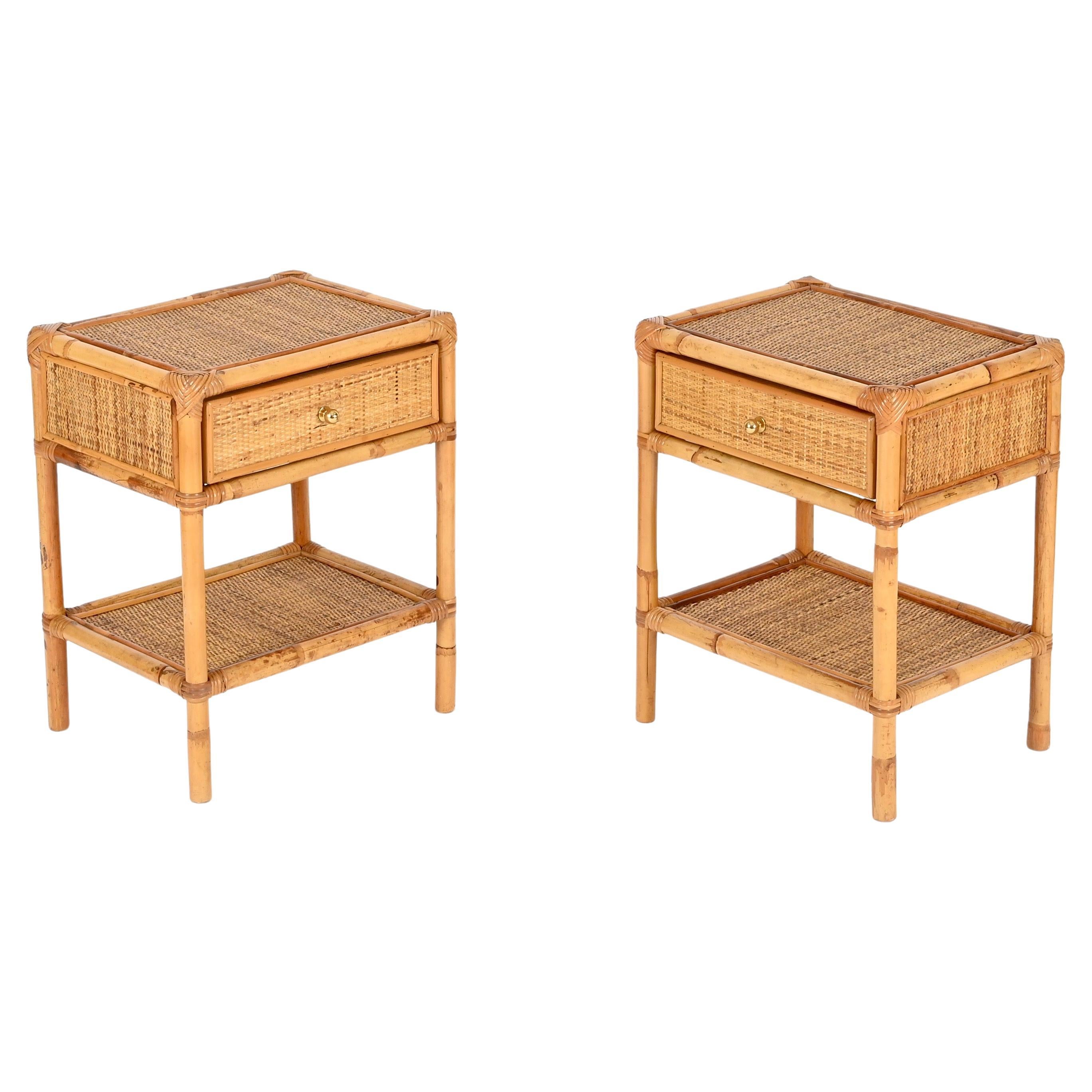 Pair of French Riviera Nightstands in Bamboo, Rattan and Brass, Italy, 1970s