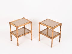 Pair of French Riviera Nightstands in Bamboo, Rattan and Glass, Italy, 1970