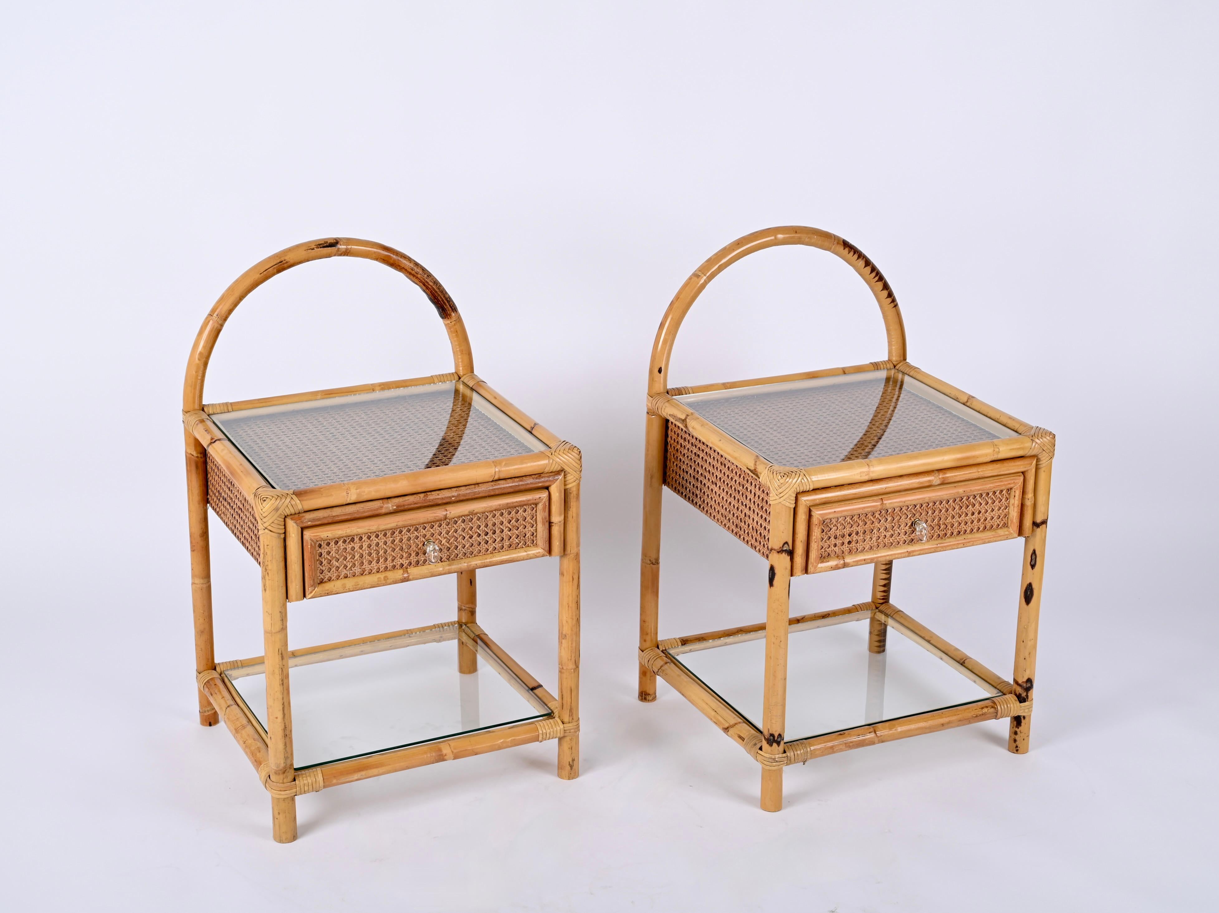 Pair of French Riviera Nightstands in Bamboo, Rattan and Straw, Italy 1970s For Sale 7