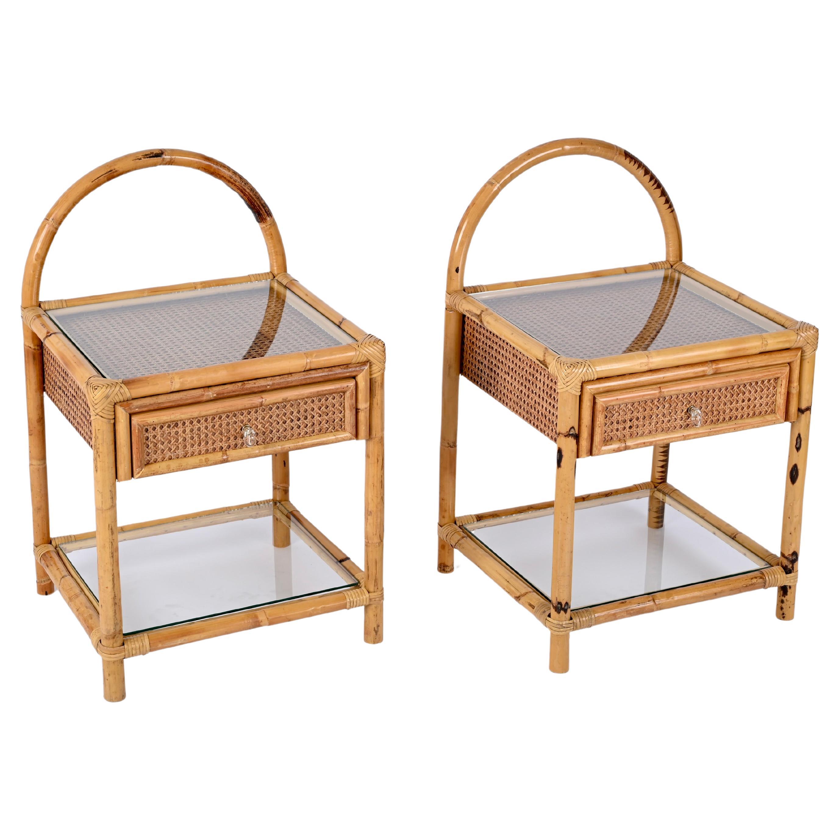 Pair of French Riviera Nightstands in Bamboo, Rattan and Straw, Italy 1970s For Sale