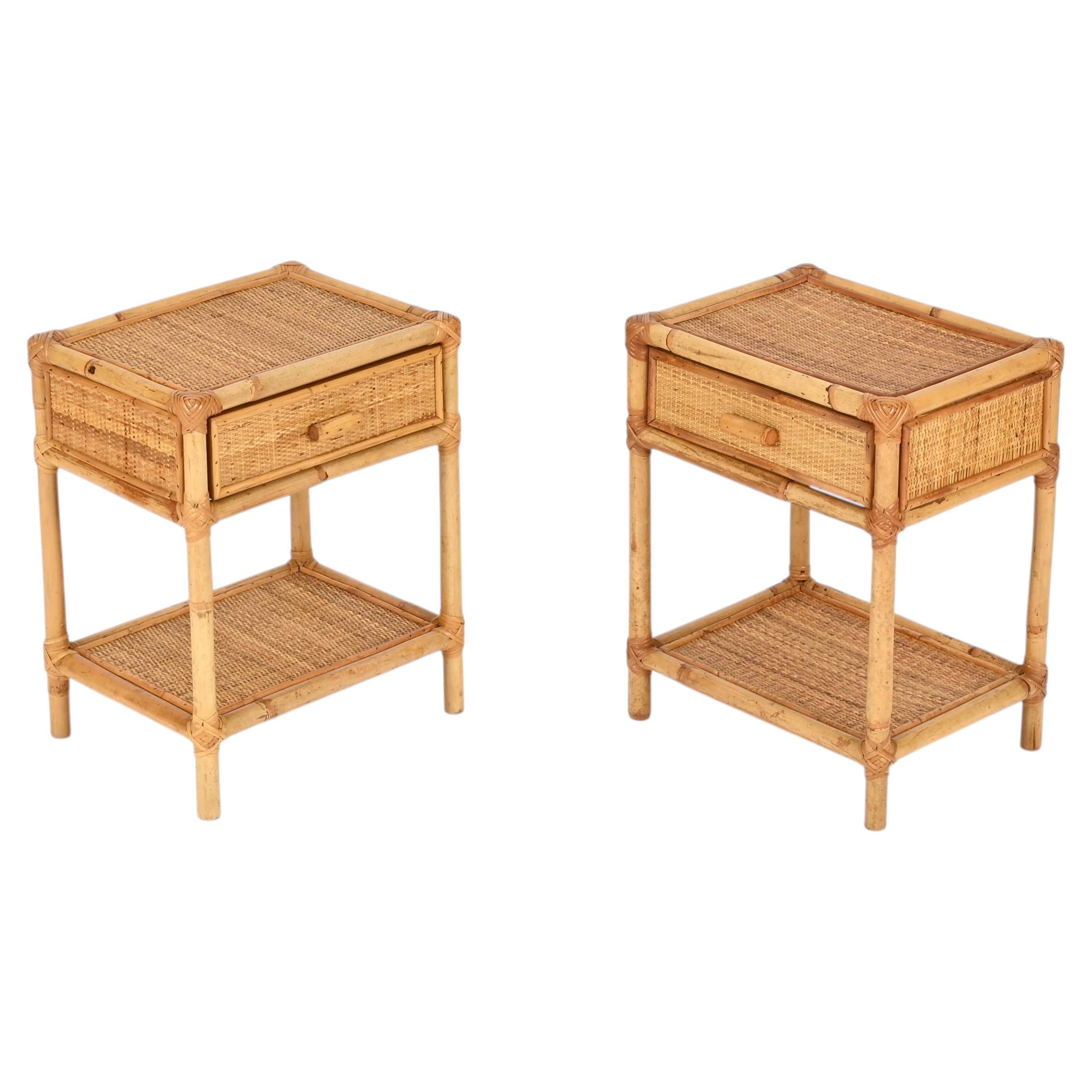 Pair of French Riviera Nightstands in Bamboo, Rattan and Wicker, Italy, 1970s For Sale