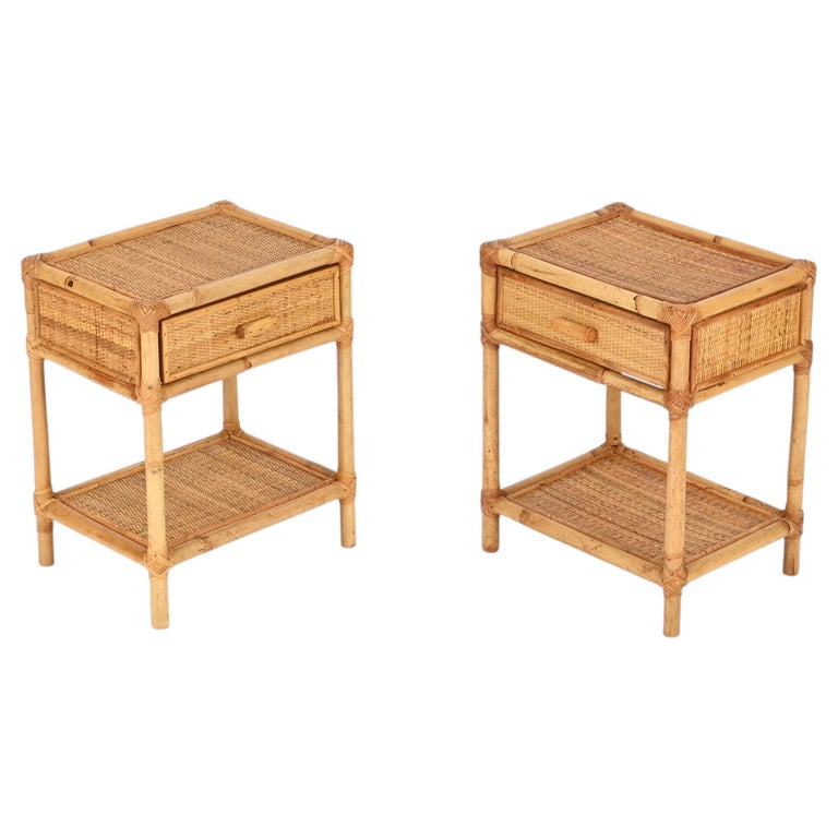 Pair of French Riviera Nightstands in Bamboo, Rattan and Wicker, Italy, 1970s