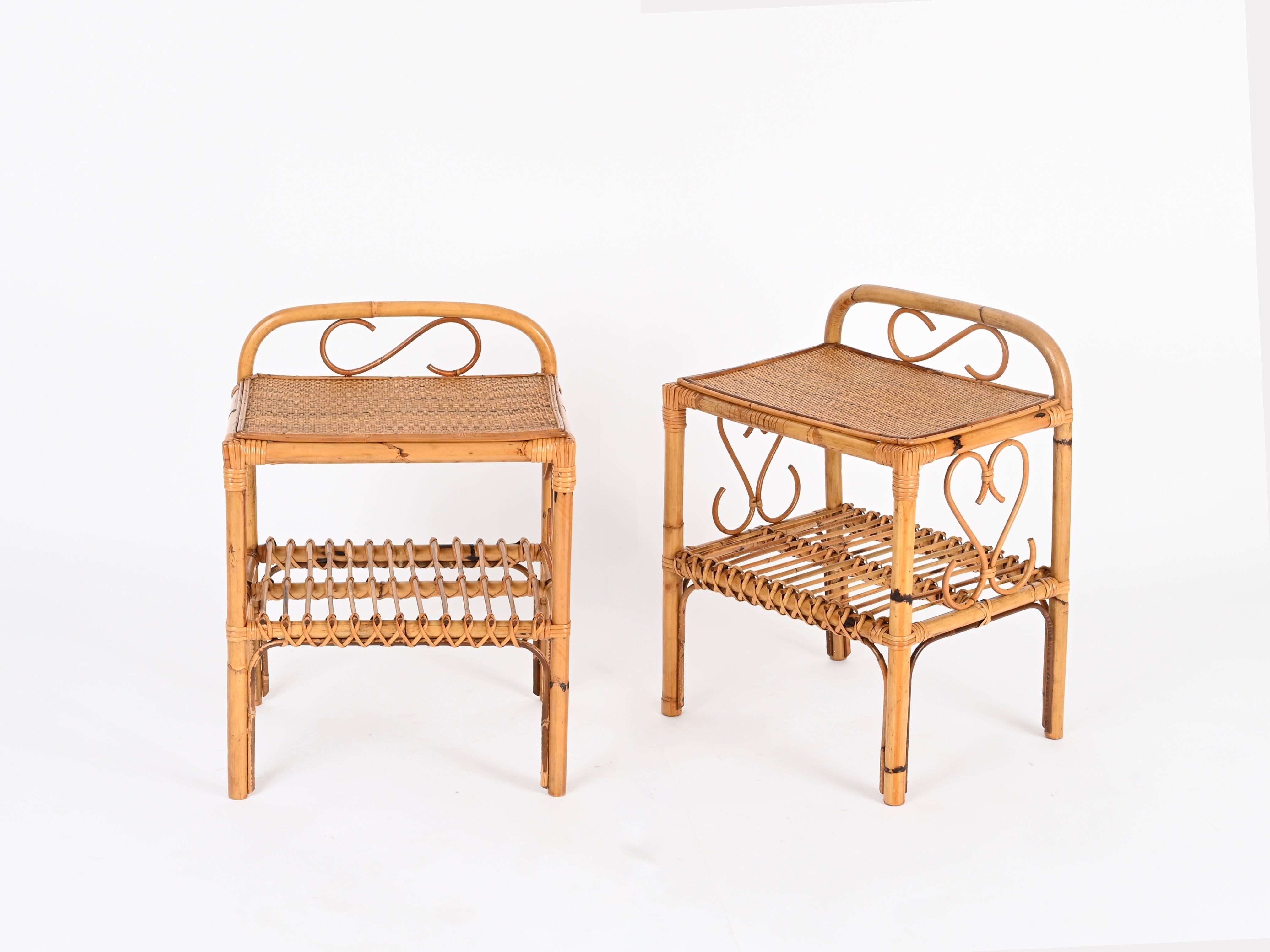 Mid-Century Modern Paire de tables de nuit de la Côte d'Azur en bambou, rotin et osier, Italie, années 1960 en vente