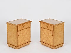 Pair of French Riviera Nightstands in Bamboo, Woven Rattan w/ Glass, Italy 1970s