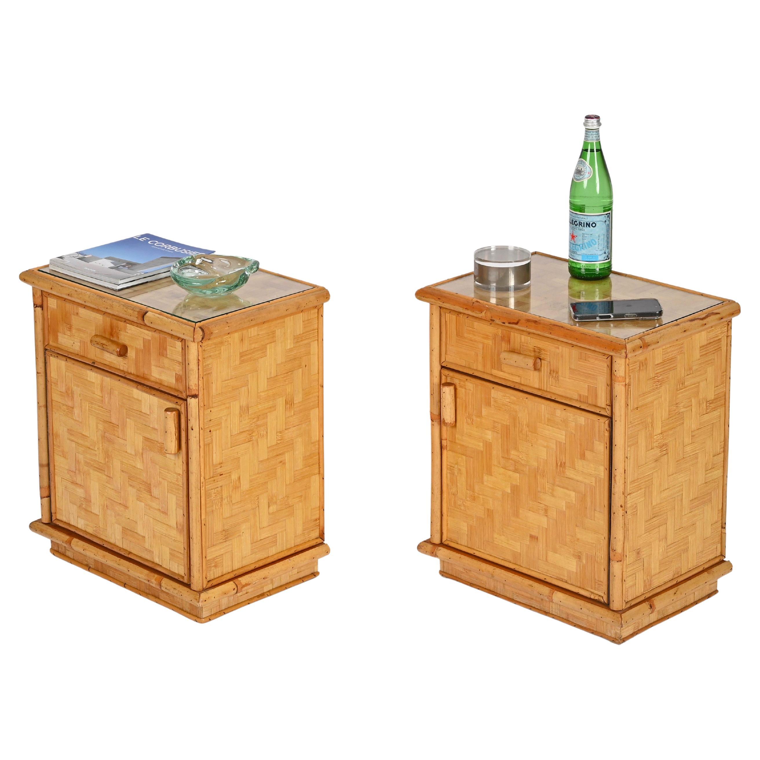 Pair of French Riviera Nightstands in Bamboo, Woven Rattan w/ Glass, Italy 1970s