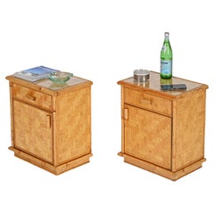 Pair of French Riviera Nightstands in Bamboo, Woven Rattan w/ Glass, Italy 1970s