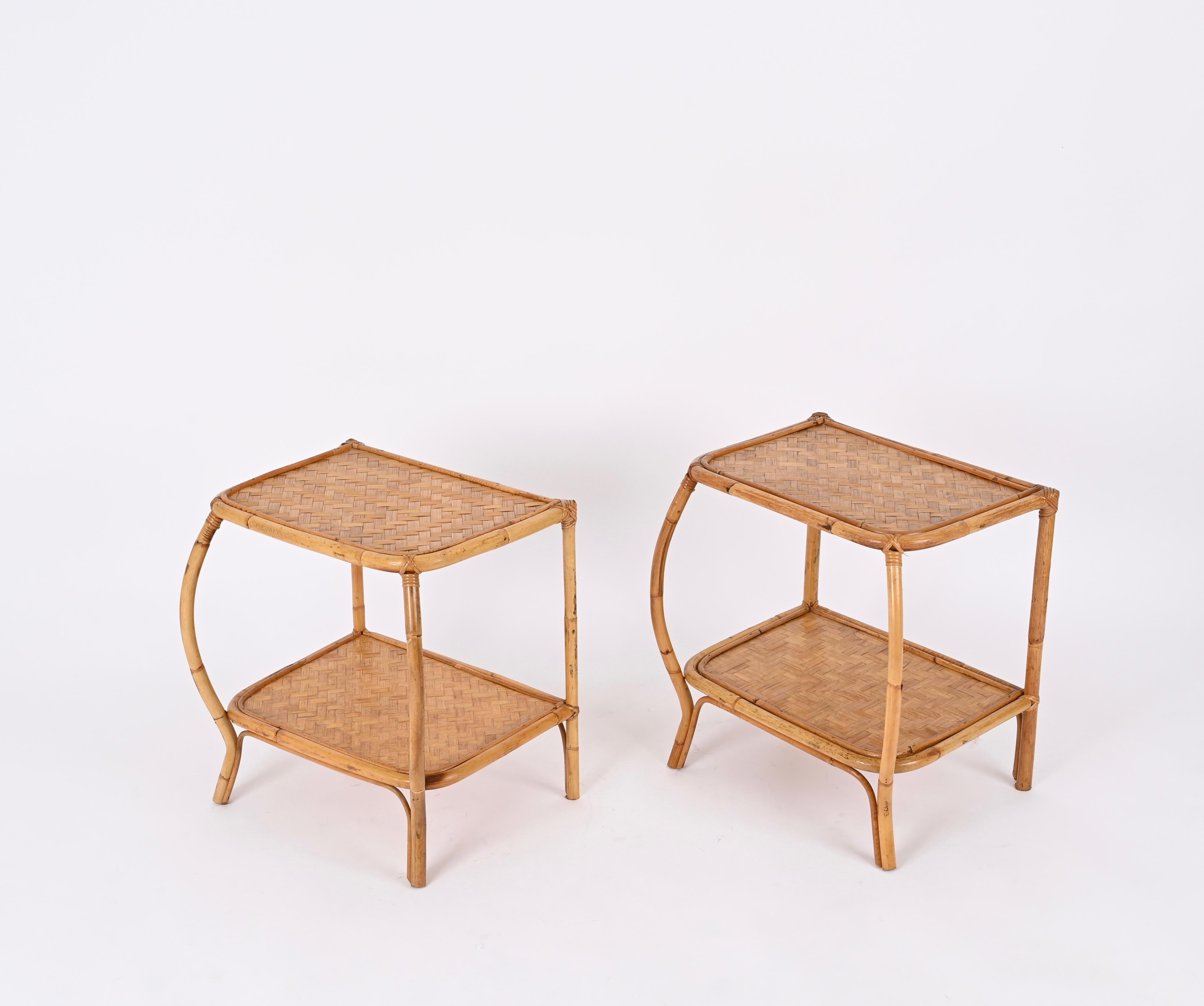 Pair of French Riviera Nightstands in Curved Bamboo and Rattan, Italy 1970s 3