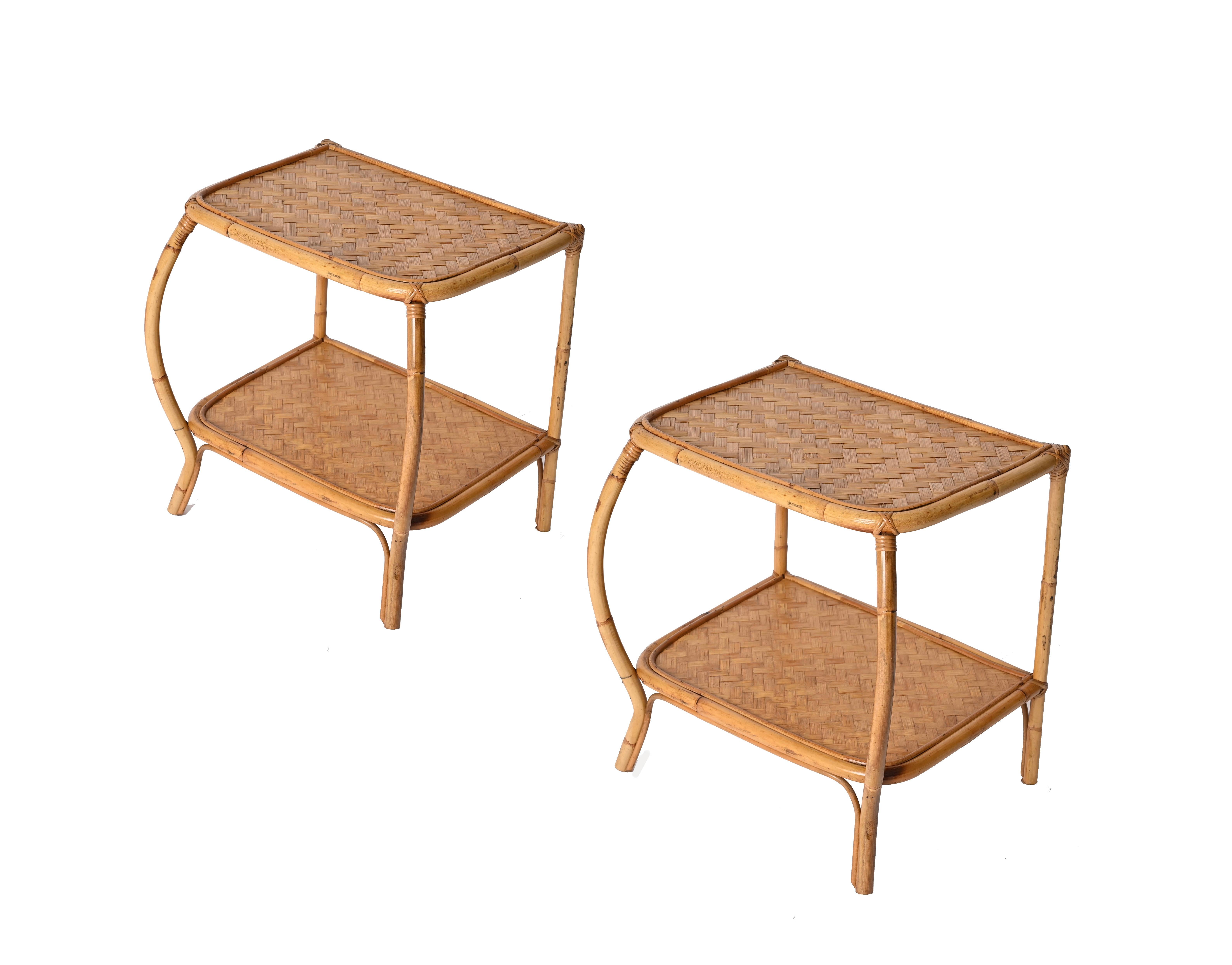 Pair of French Riviera Nightstands in Curved Bamboo and Rattan, Italy 1970s 7