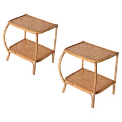 Pair of French Riviera Nightstands in Curved Bamboo and Rattan, Italy 1970s