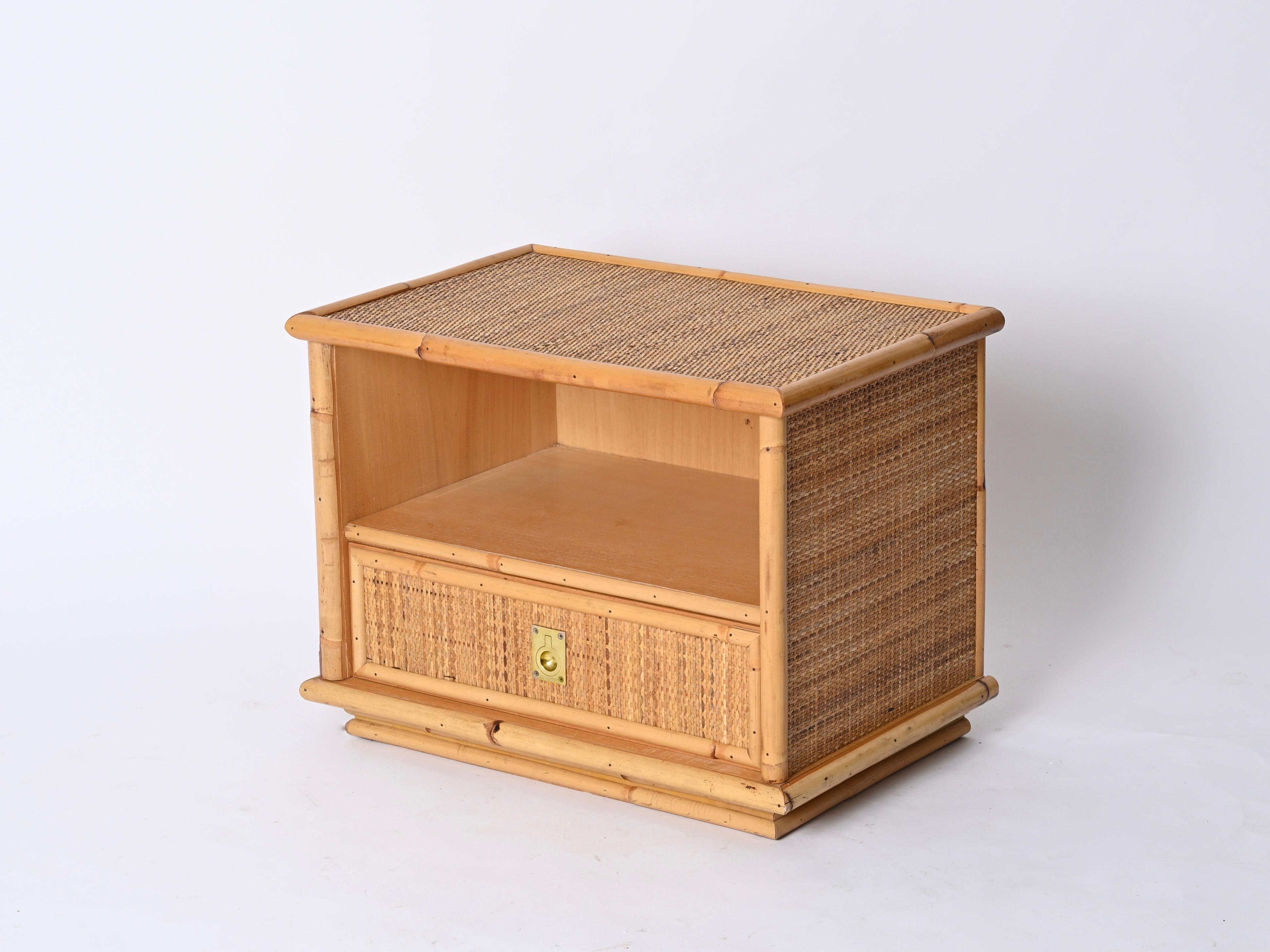 Pair of French Riviera Nightstands in Rattan and Brass, By Dal Vera, Italy 1970s 6