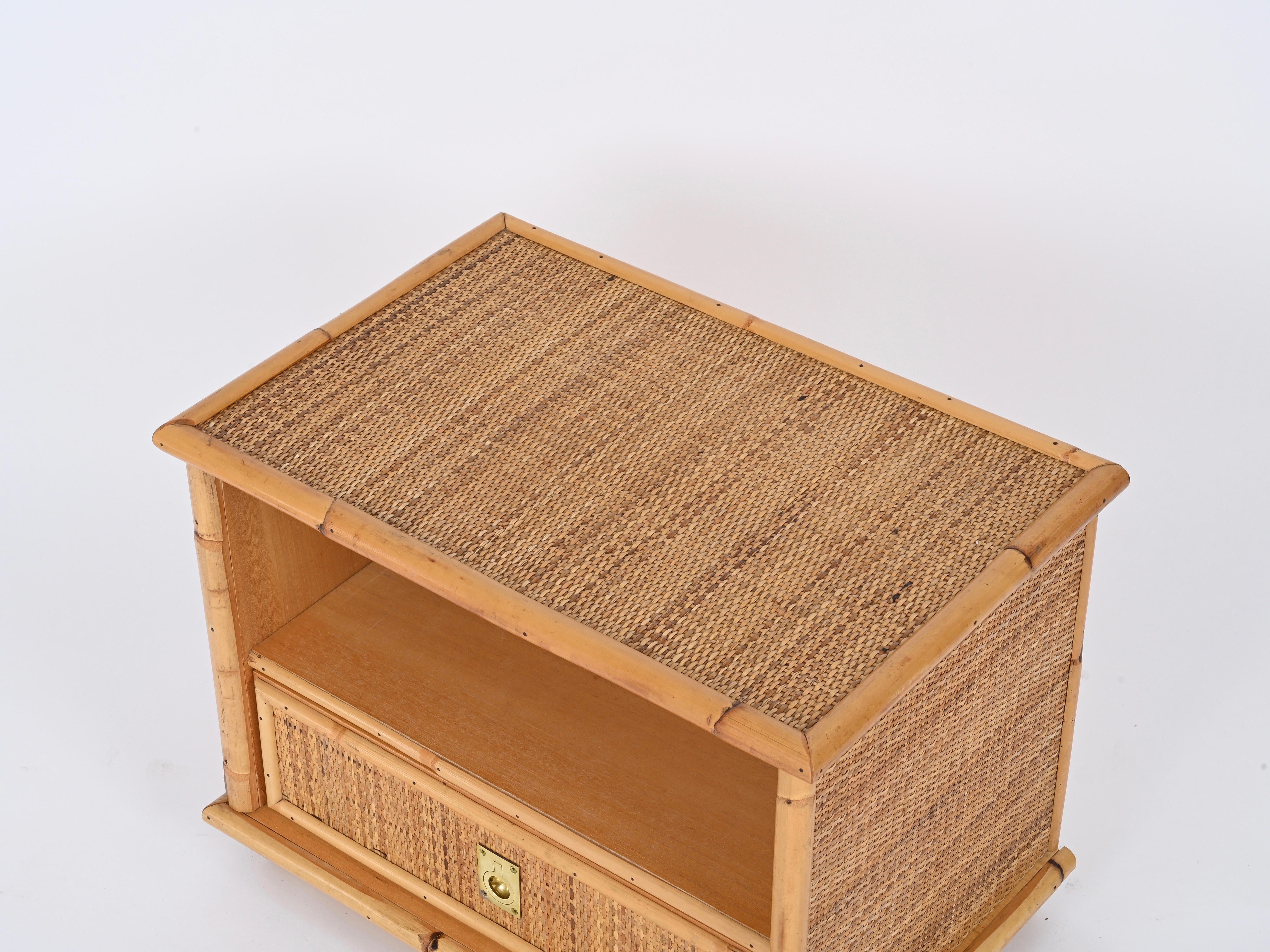 Pair of French Riviera Nightstands in Rattan and Brass, By Dal Vera, Italy 1970s 8