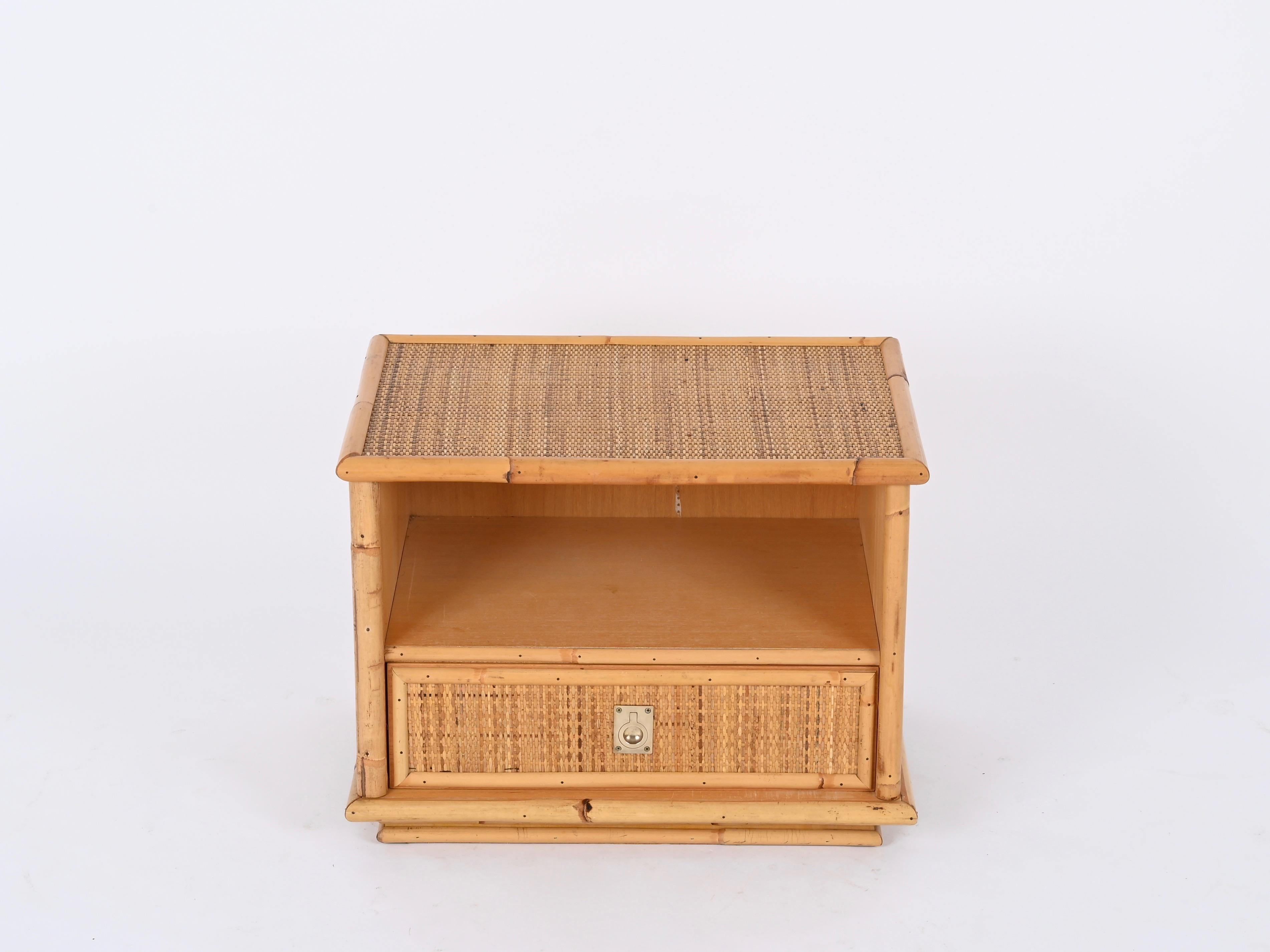 Pair of French Riviera Nightstands in Rattan and Brass, By Dal Vera, Italy 1970s 10