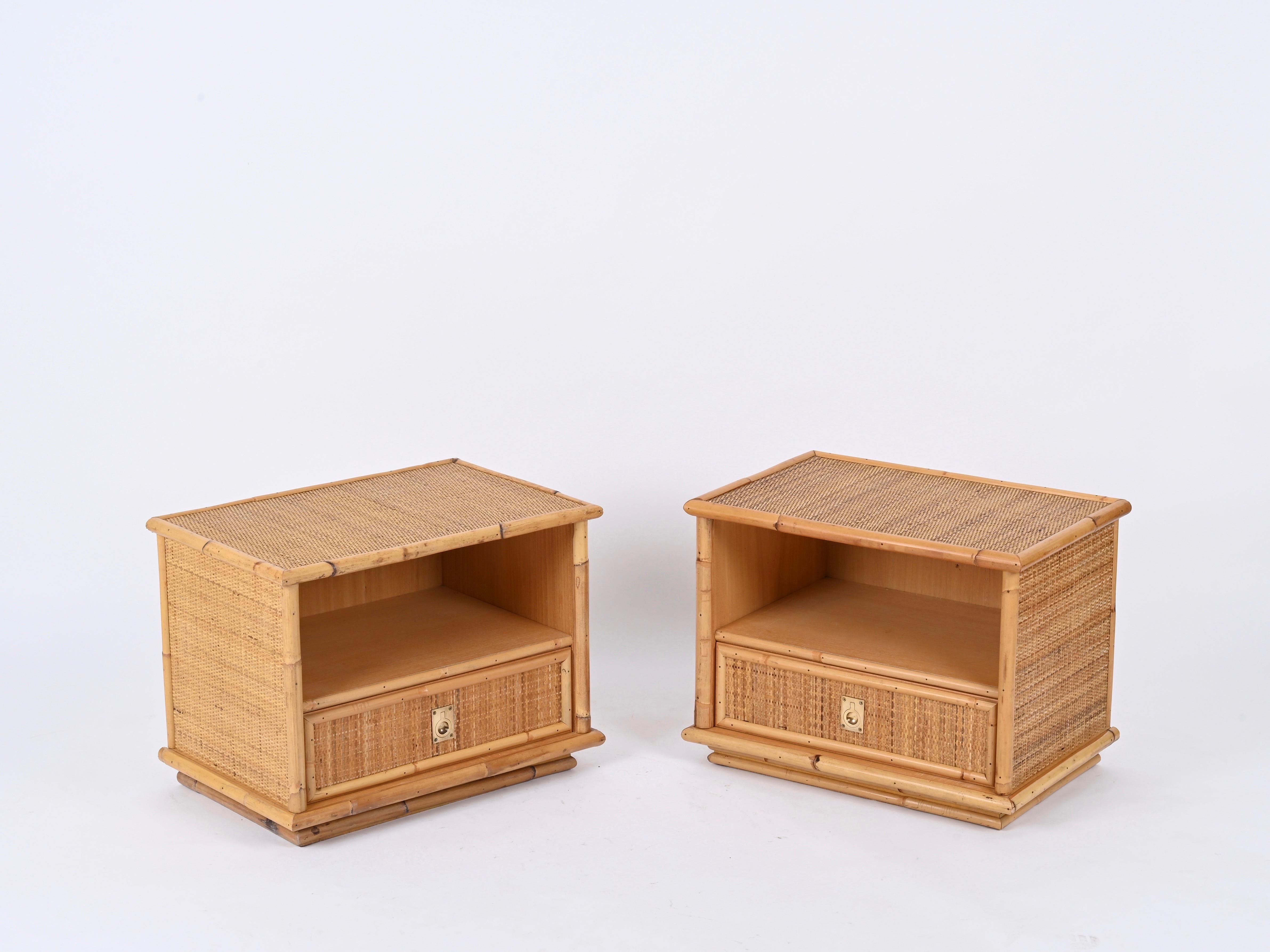 Pair of French Riviera Nightstands in Rattan and Brass, By Dal Vera, Italy 1970s 1