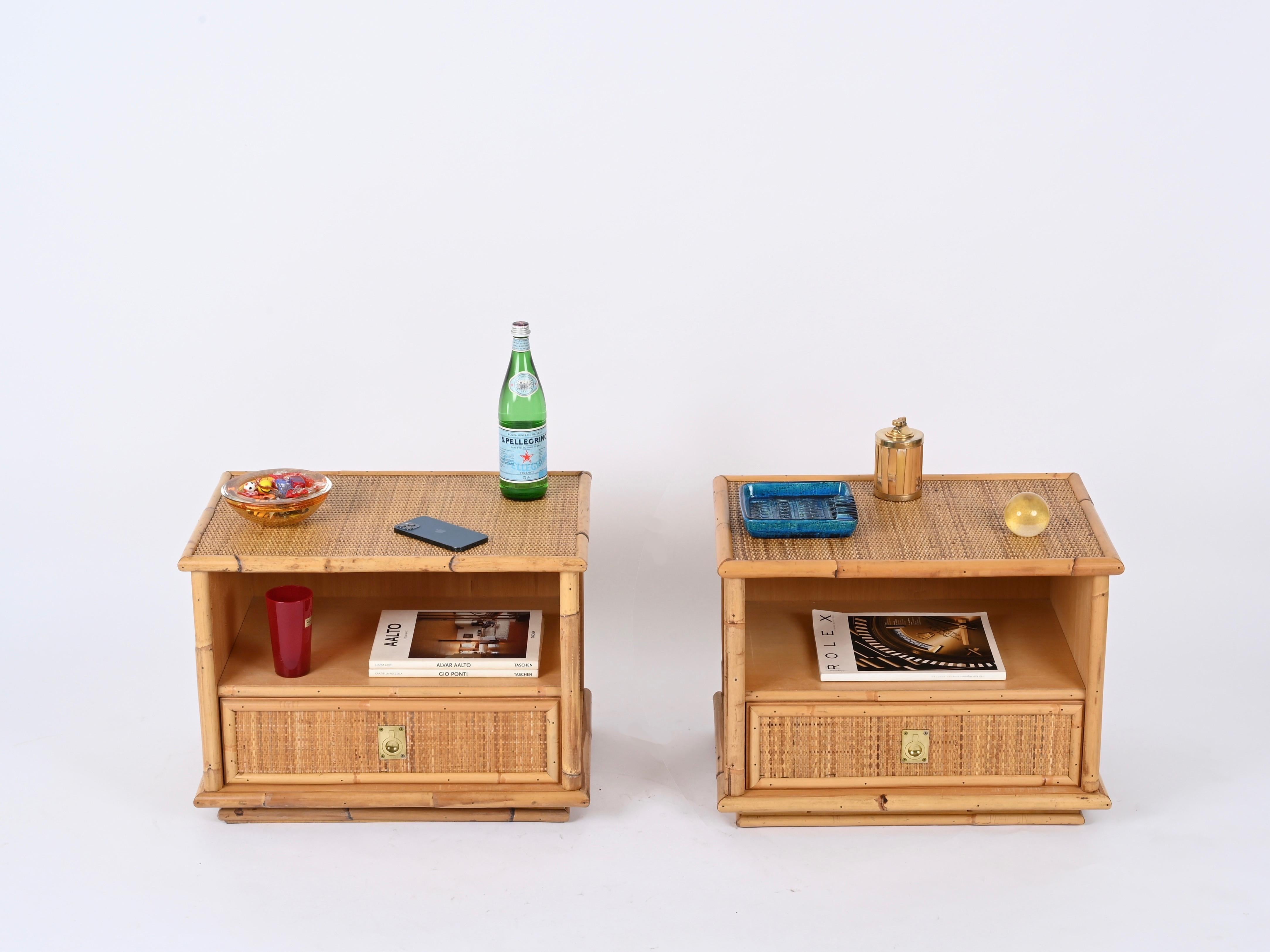 Pair of French Riviera Nightstands in Rattan and Brass, By Dal Vera, Italy 1970s 2