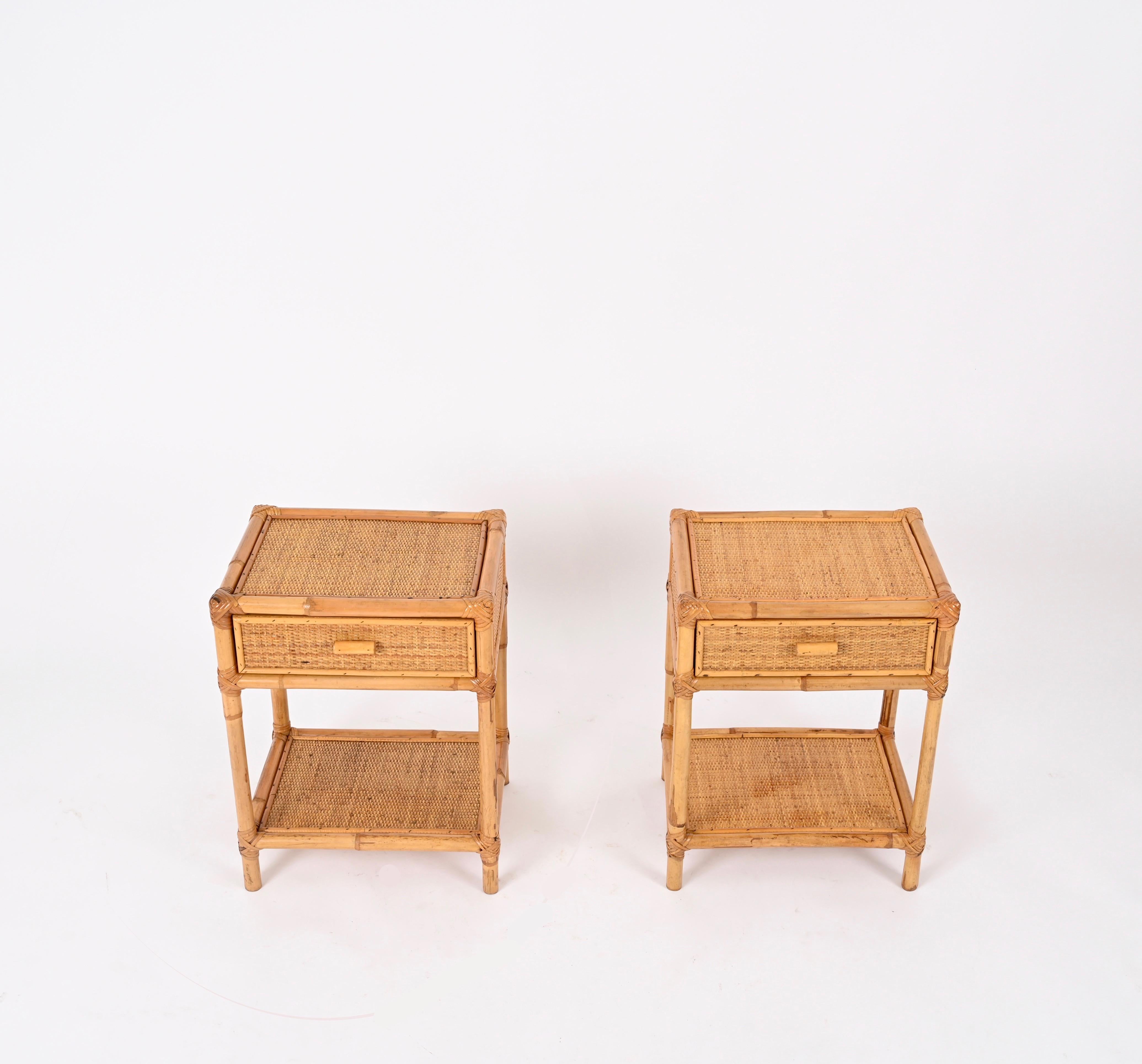 Pair of French Riviera Nightstands in Rattan, Bamboo and Wicker, Italy 1970s 3