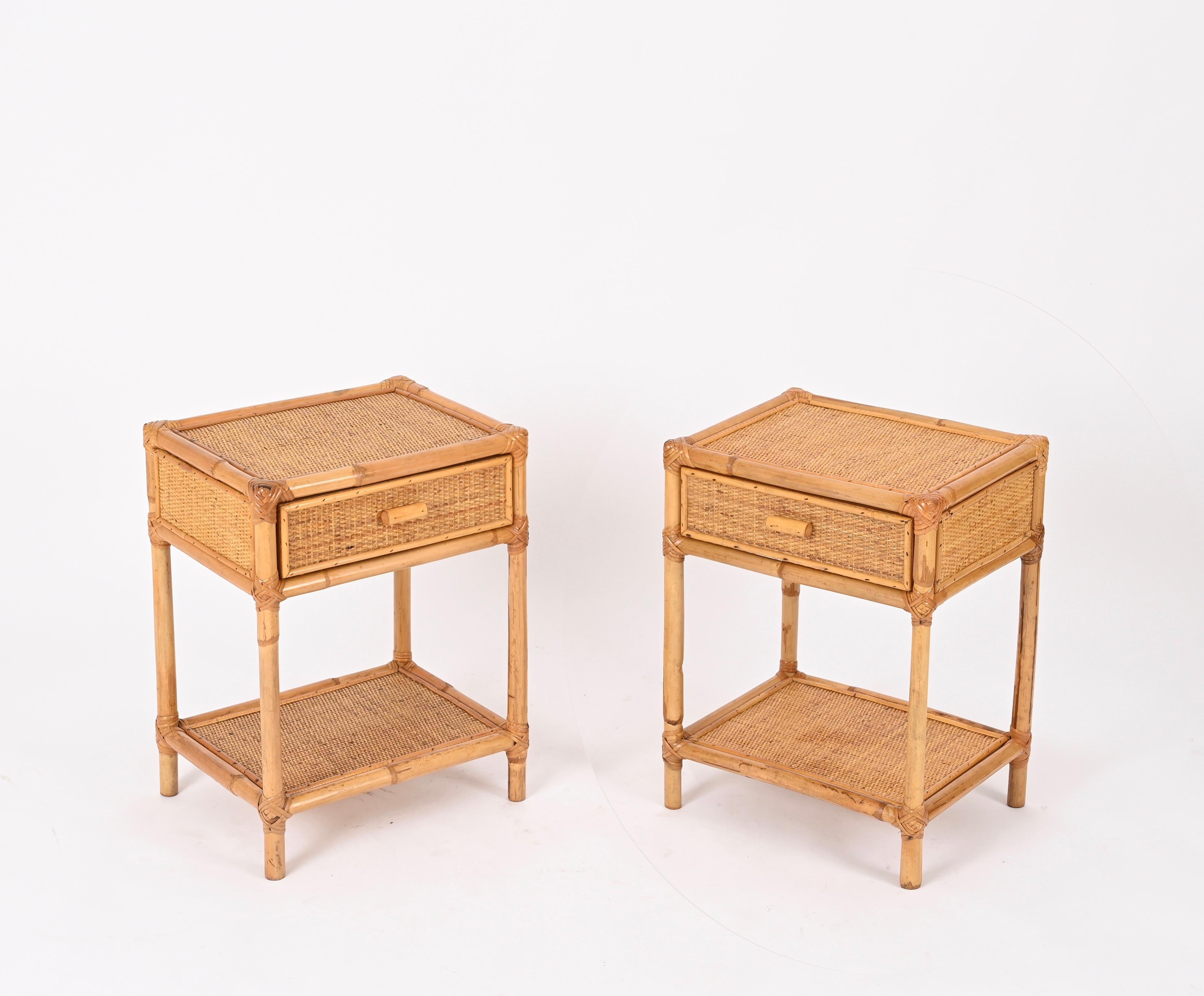 Pair of French Riviera Nightstands in Rattan, Bamboo and Wicker, Italy 1970s 4