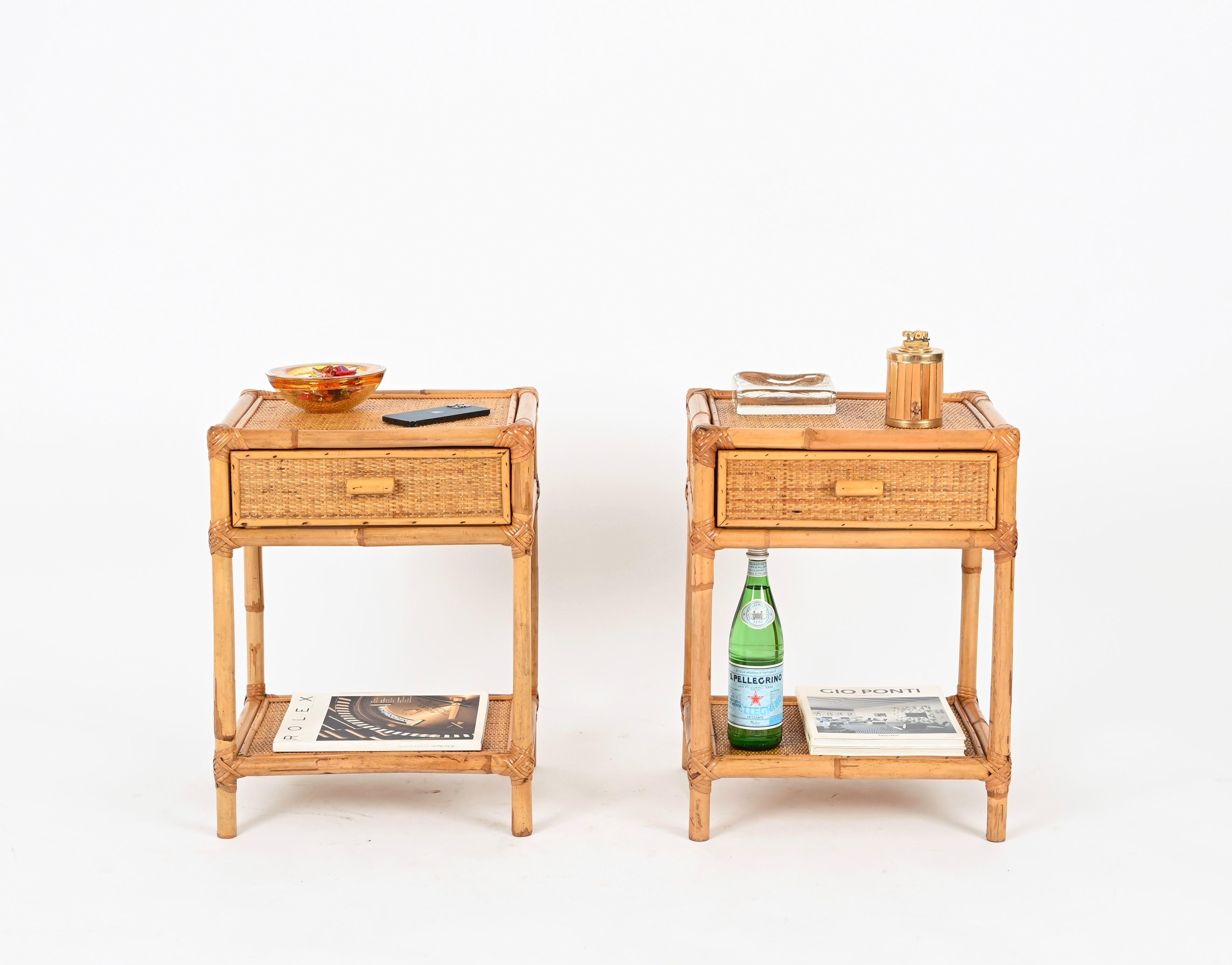 Pair of French Riviera Nightstands in Rattan, Bamboo and Wicker, Italy 1970s 5